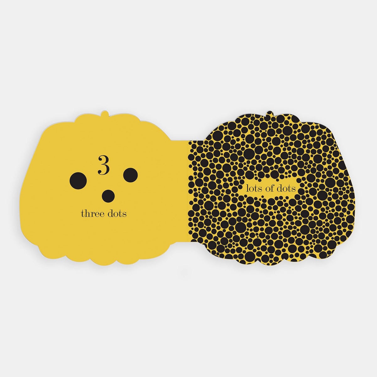 Shaped board book spread showing "three dots" on yellow opposite a dense pattern of "lots of dots".