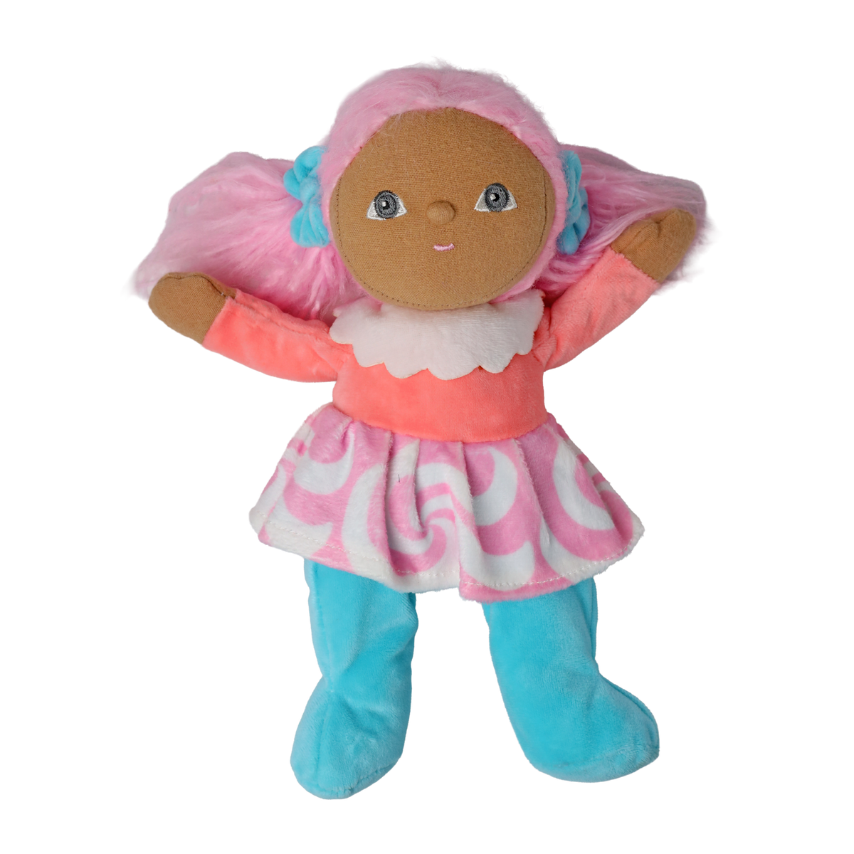 Plush doll with pink pigtails and a swirl skirt raising its arms against a white background.