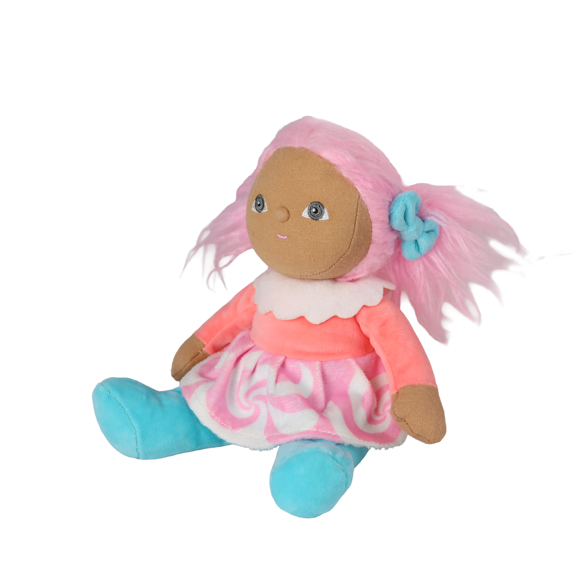 Seated plush doll with pink pigtails, a swirl dress, and blue boots angled on a white background.
