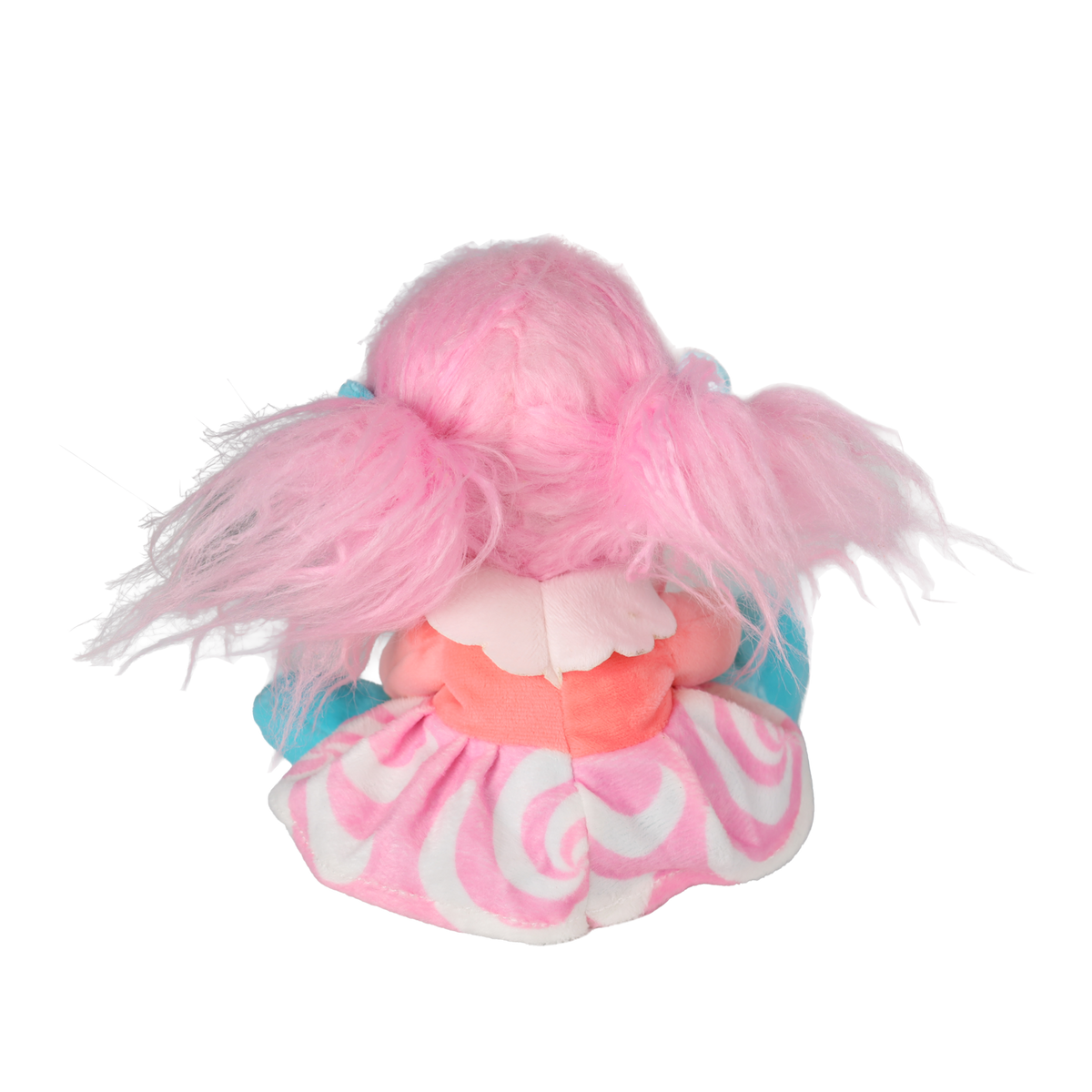 Top-down back view of a plush doll sitting with pink pigtails against a white background.