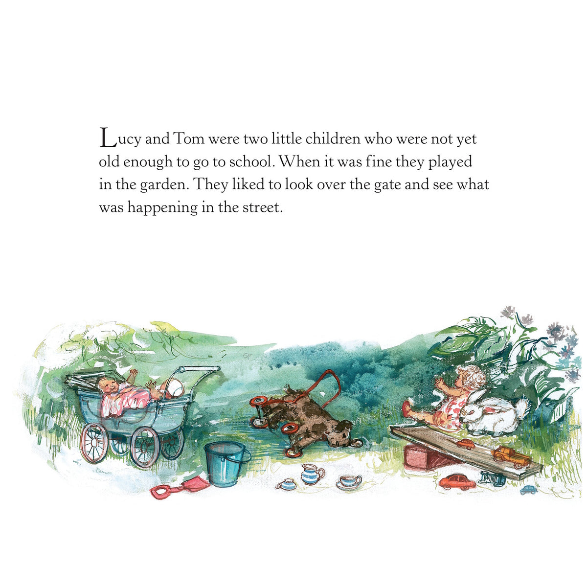 Illustration of children's toys in a garden beside story text about two young children named Lucy and Tom.