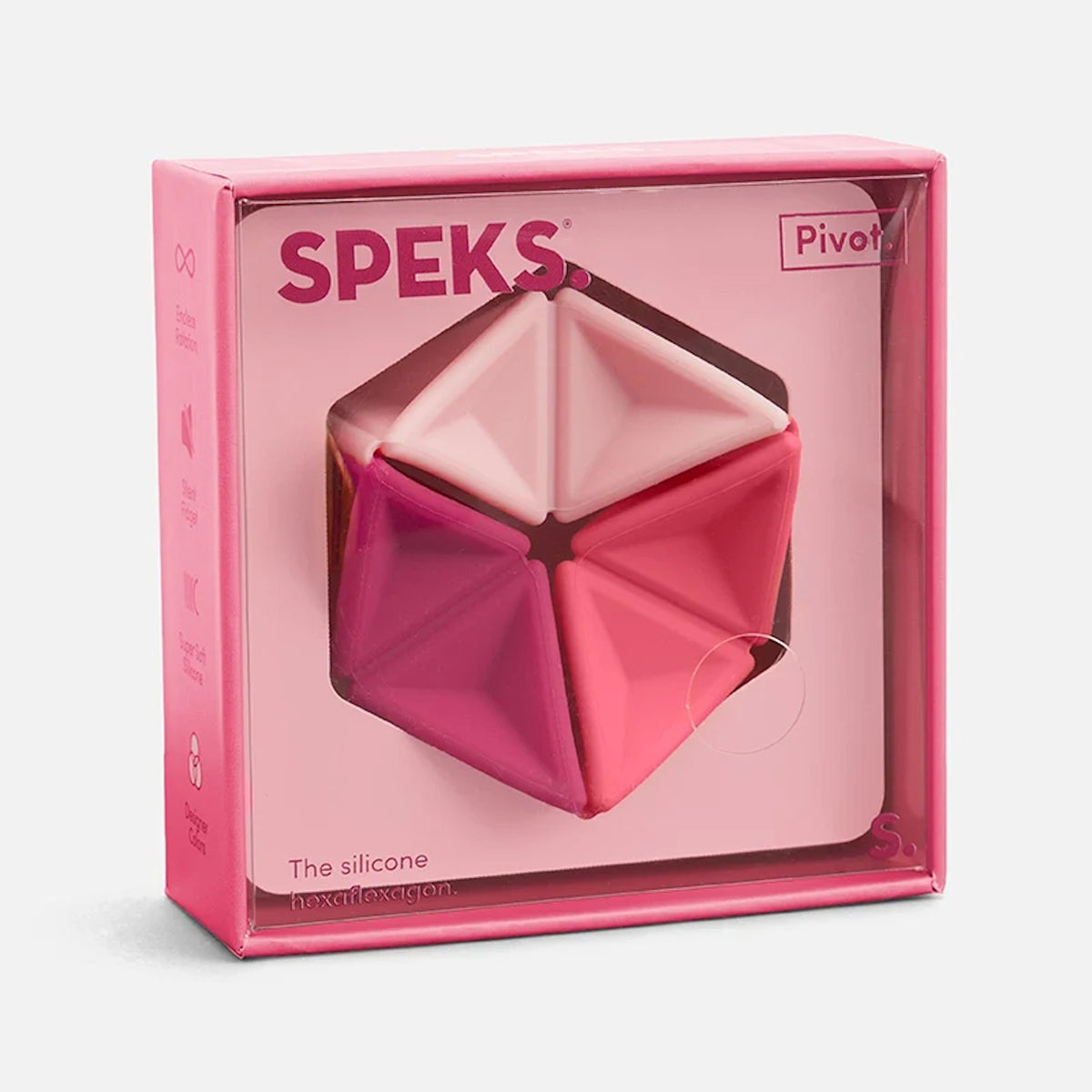 Speks Pivot silicone hexaflexagon fidget toy packaged in a pink display box.