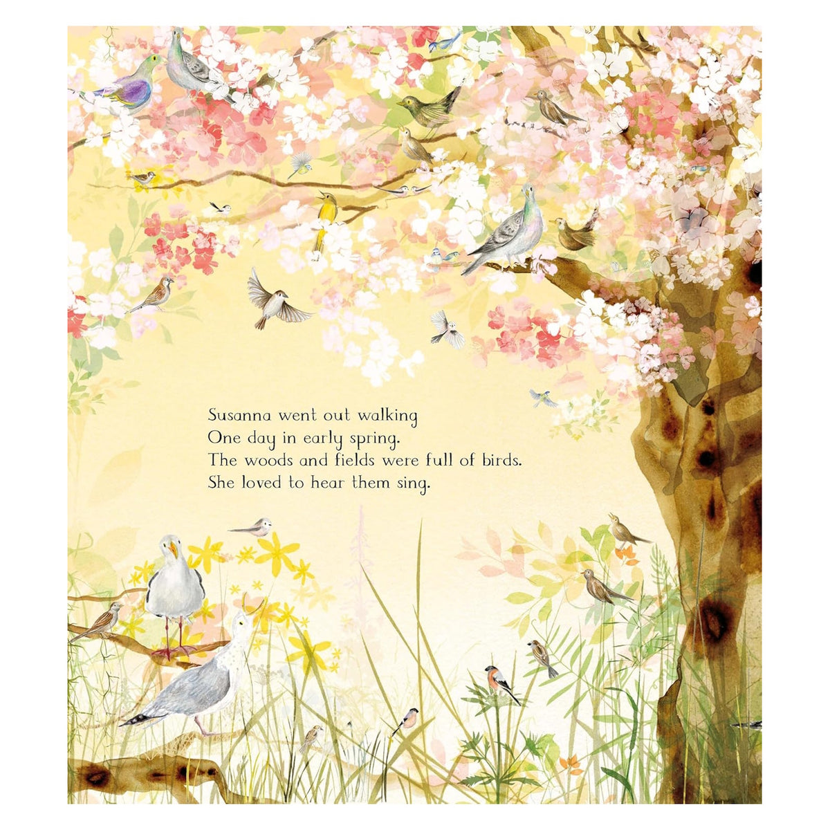 Storybook page with soft pastel illustrations of birds perched in blossoming spring trees and grass.