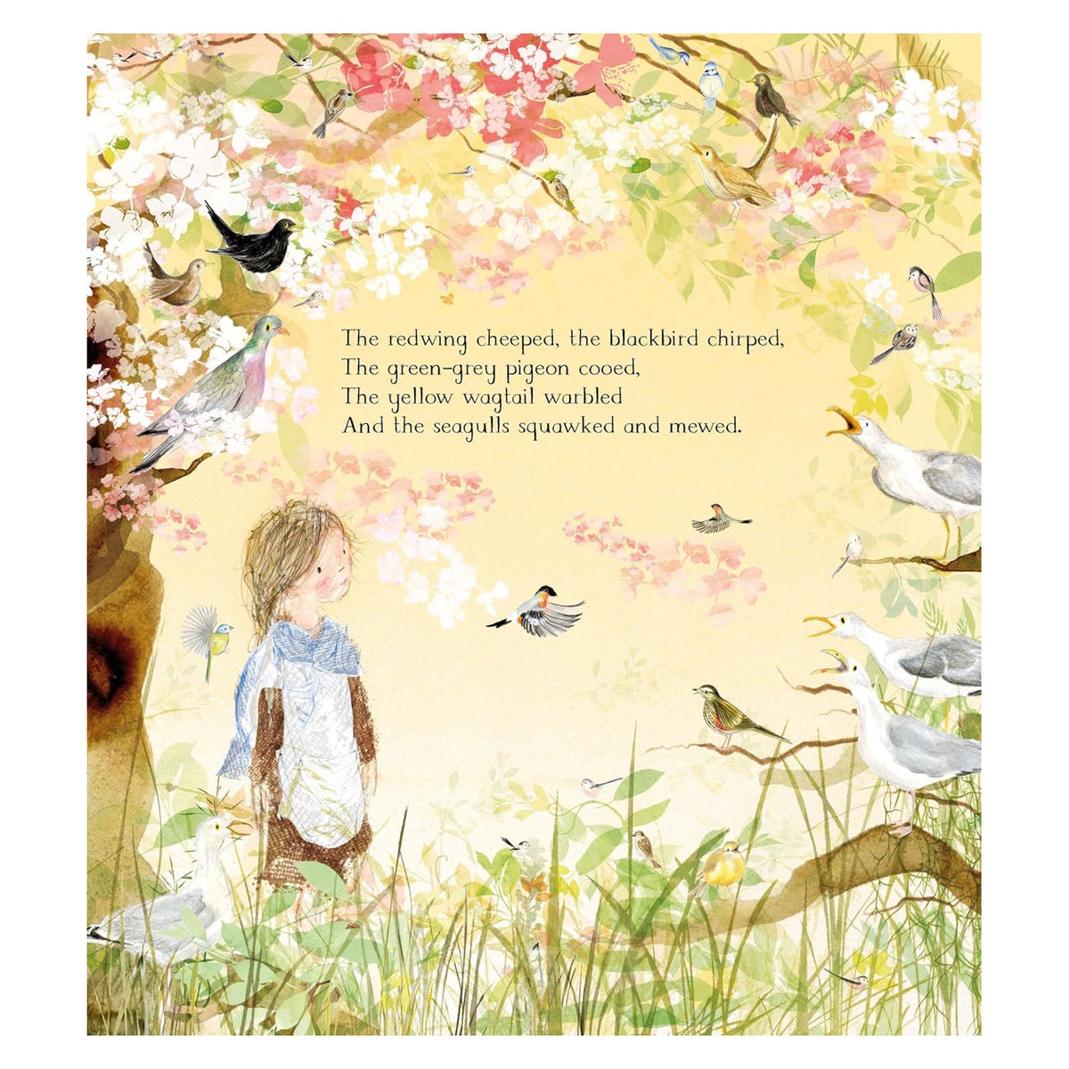 Children's book page showing a girl in a spring garden surrounded by various singing birds.
