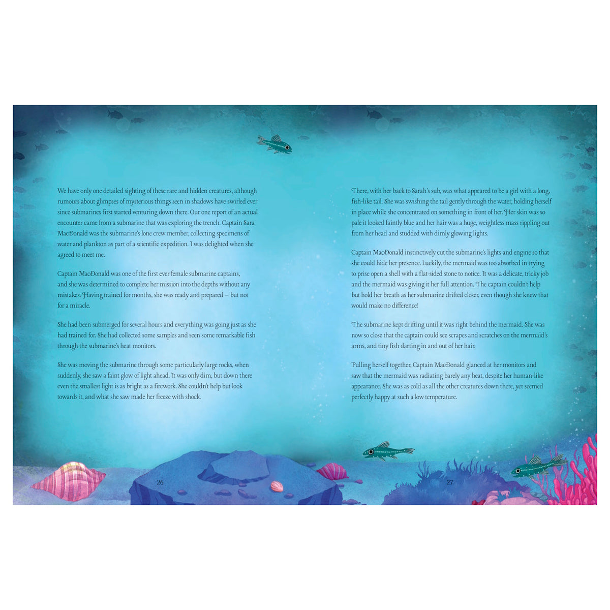 Two-page spread of a children's book featuring a deep-sea mermaid story with underwater illustrations and text.