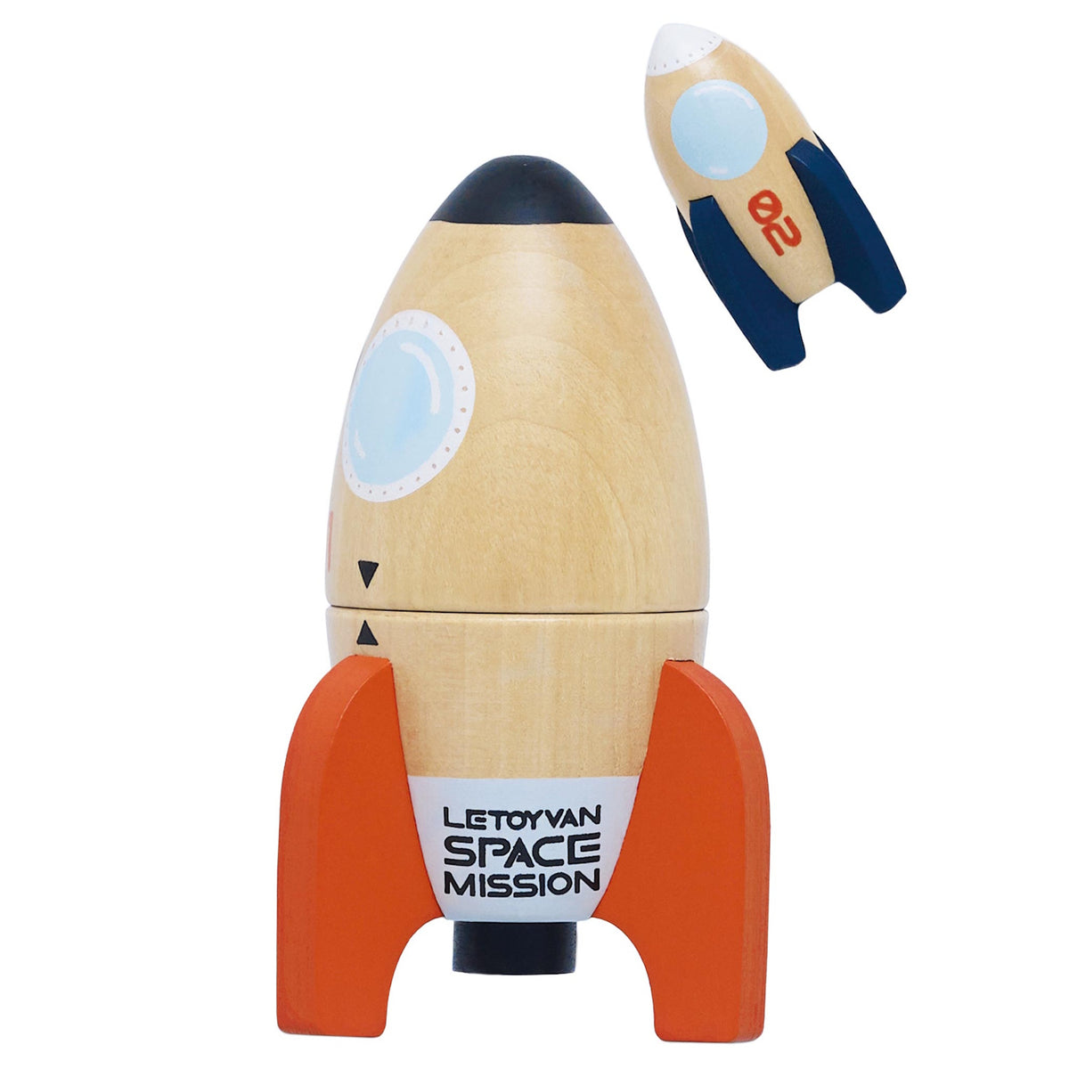 Small wooden rocket toy flying above a larger main rocket with red fins against a white background.