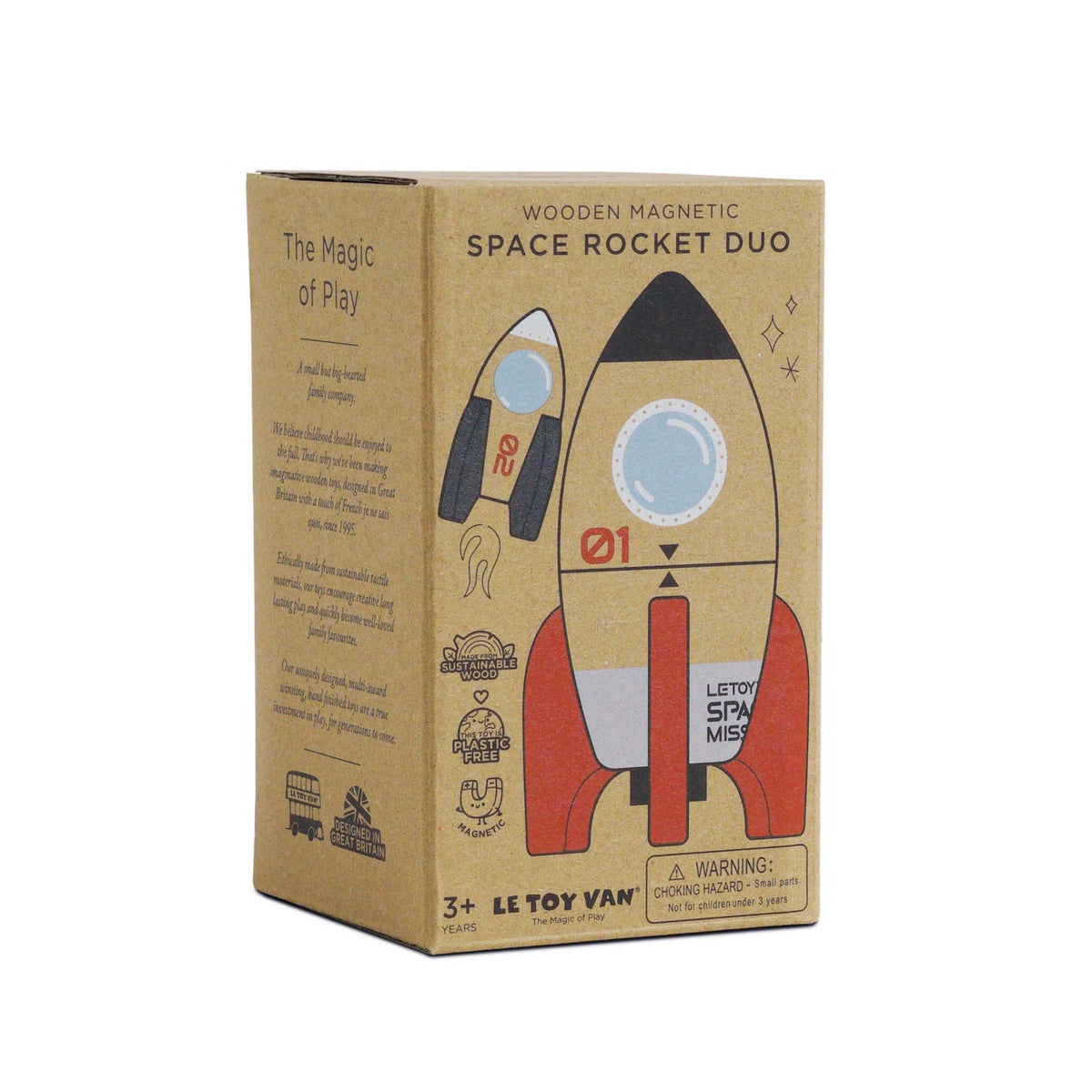 Cardboard packaging box for the Le Toy Van Wooden Magnetic Space Rocket Duo.