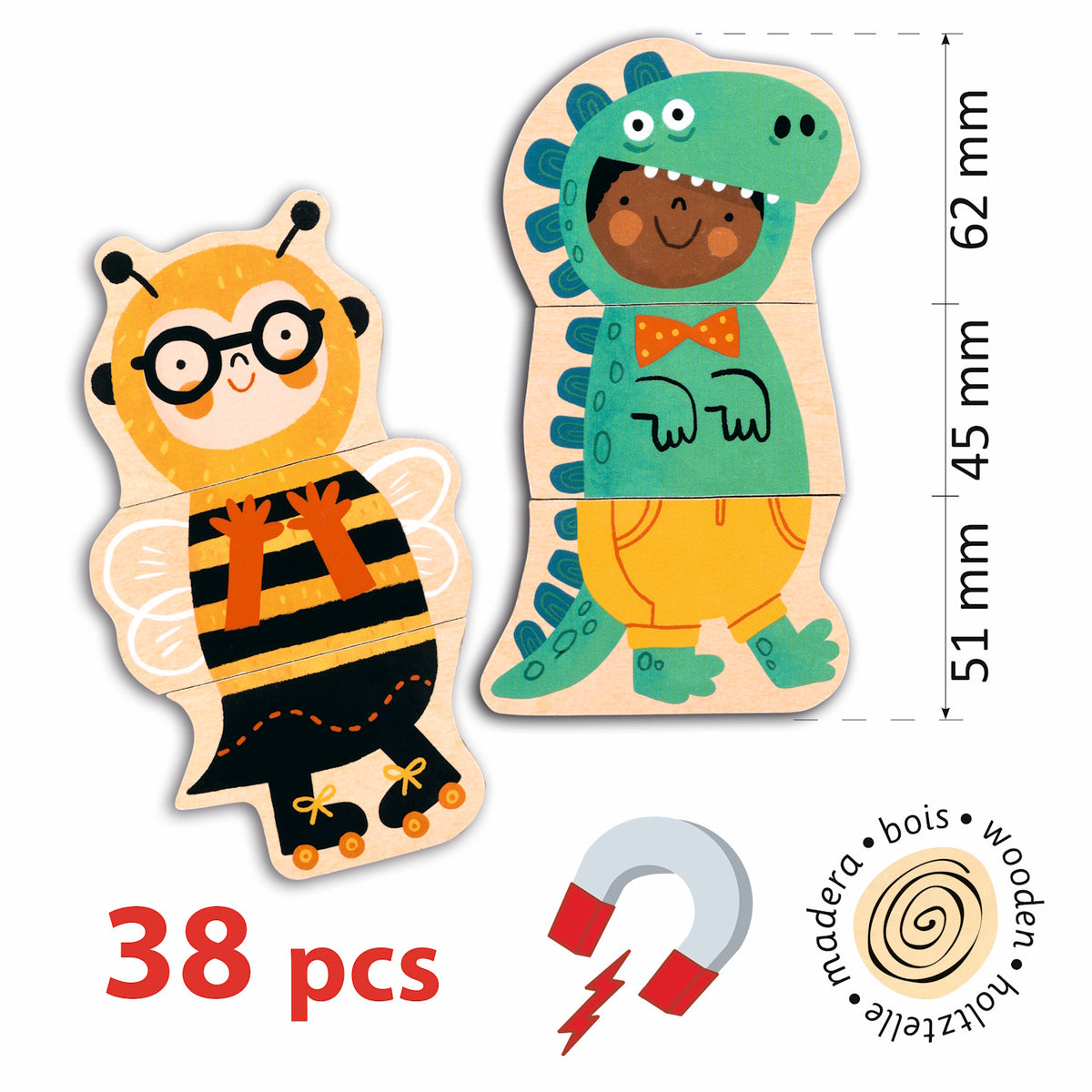 38-piece wooden magnetic mix-and-match puzzle featuring a bee and dinosaur costume for kids' creative play.