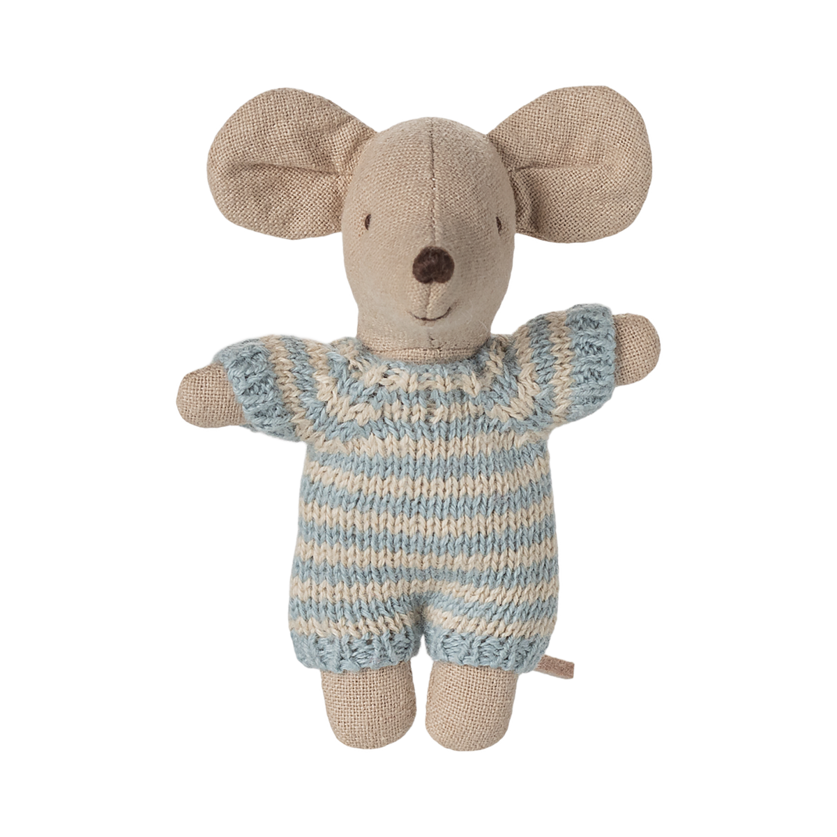 A small, plush mouse toy wearing a blue and beige striped knitted outfit. It has large ears, a stitched smile, and button-like eyes, giving a cute and friendly appearance.