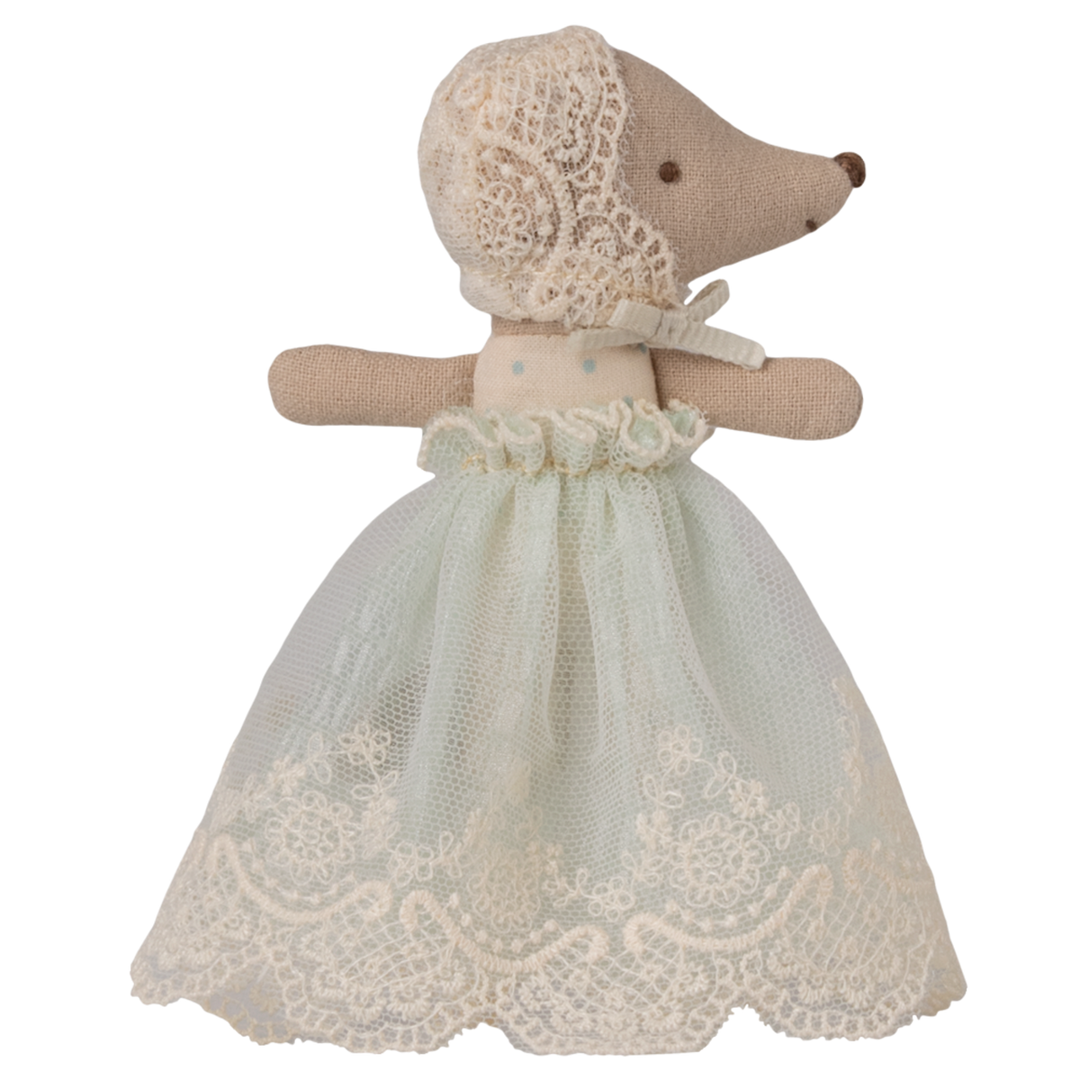 A fabric mouse doll in a delicate lace dress and bonnet stands against a white background. The doll's soft attire gives a vintage, elegant feel.