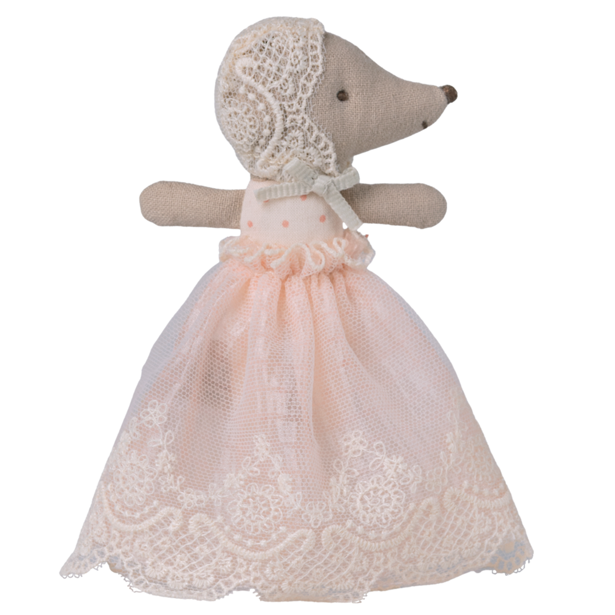 A plush hedgehog toy is dressed in a delicate, pink lace dress with a matching lace bonnet. The background is solid white, emphasizing the toy's elegance.