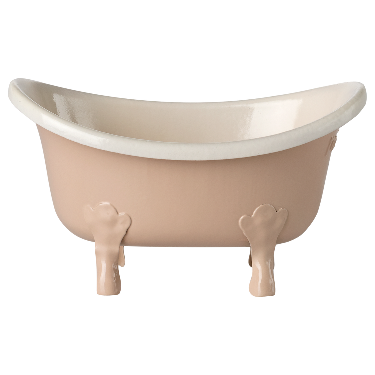 Elegant, vintage-style clawfoot miniature bathtub in pale pink with white interior, set against a white background, conveying a sense of classic charm.