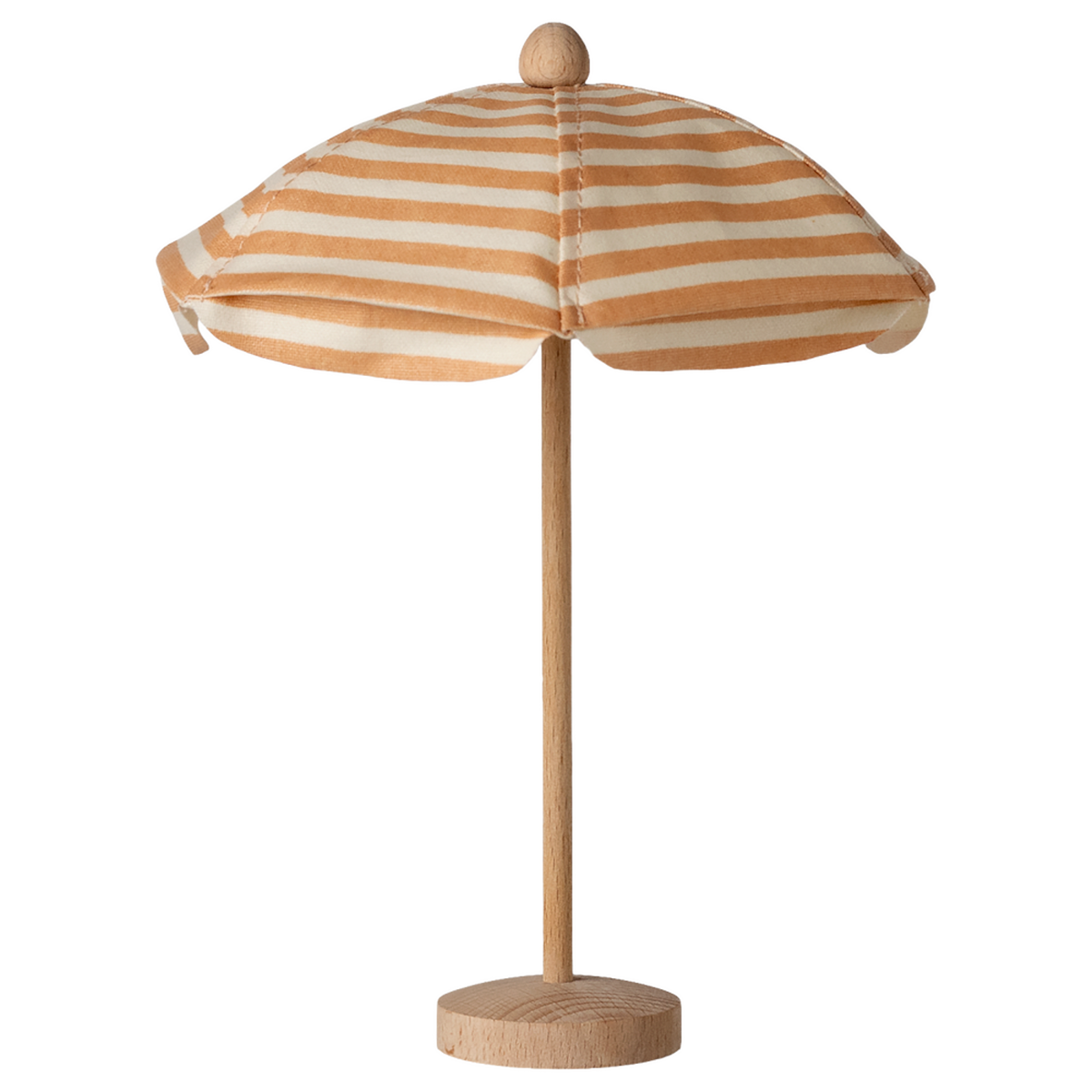 Wooden model of a striped beach umbrella with beige and white fabric on a simple pole, set against a white background, evoking a playful summer vibe.