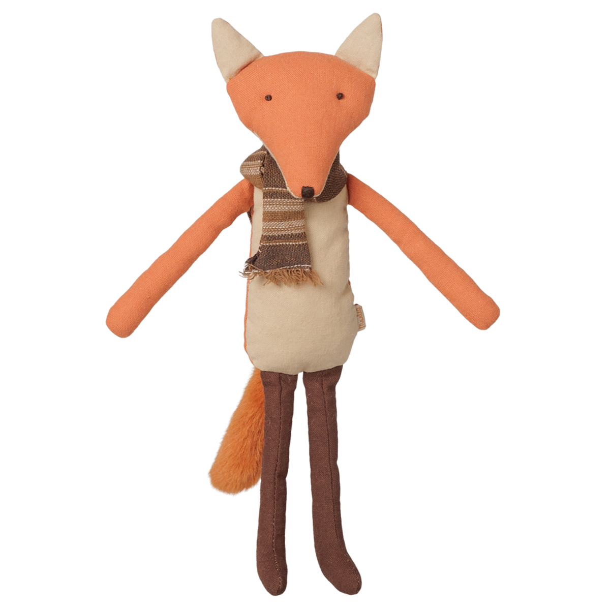Maileg Big Brother Fox plush stuffed animal toy wearing a striped brown scarf.