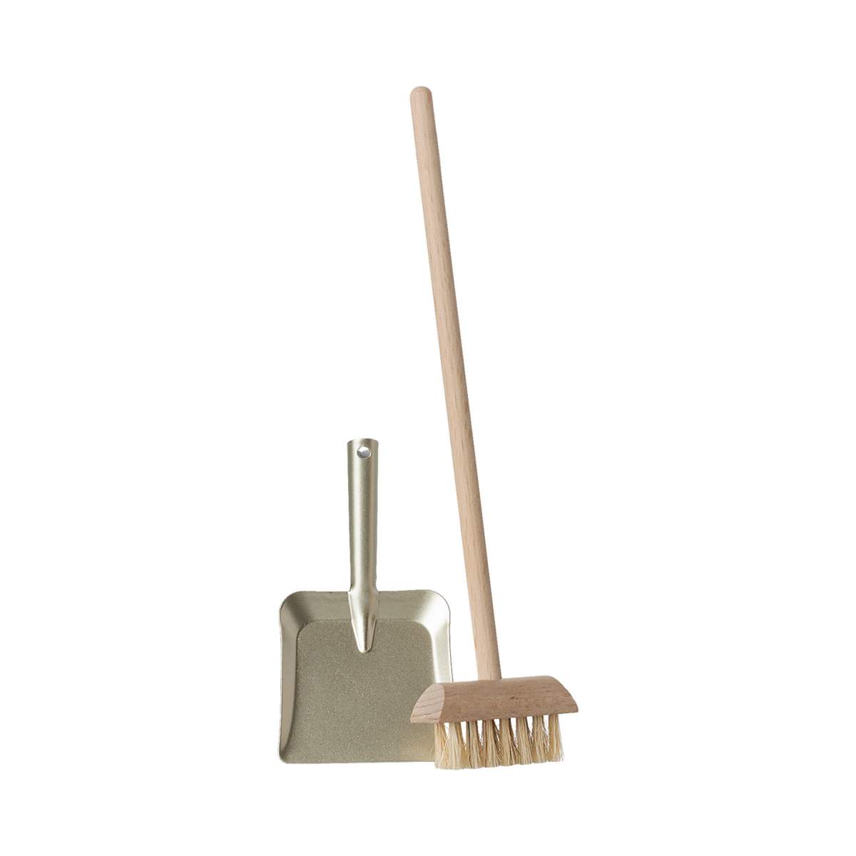 A miniature dustpan with a metal finish and a wooden-handled broom with natural bristles are placed upright on a plain background, evoking simplicity and cleanliness.