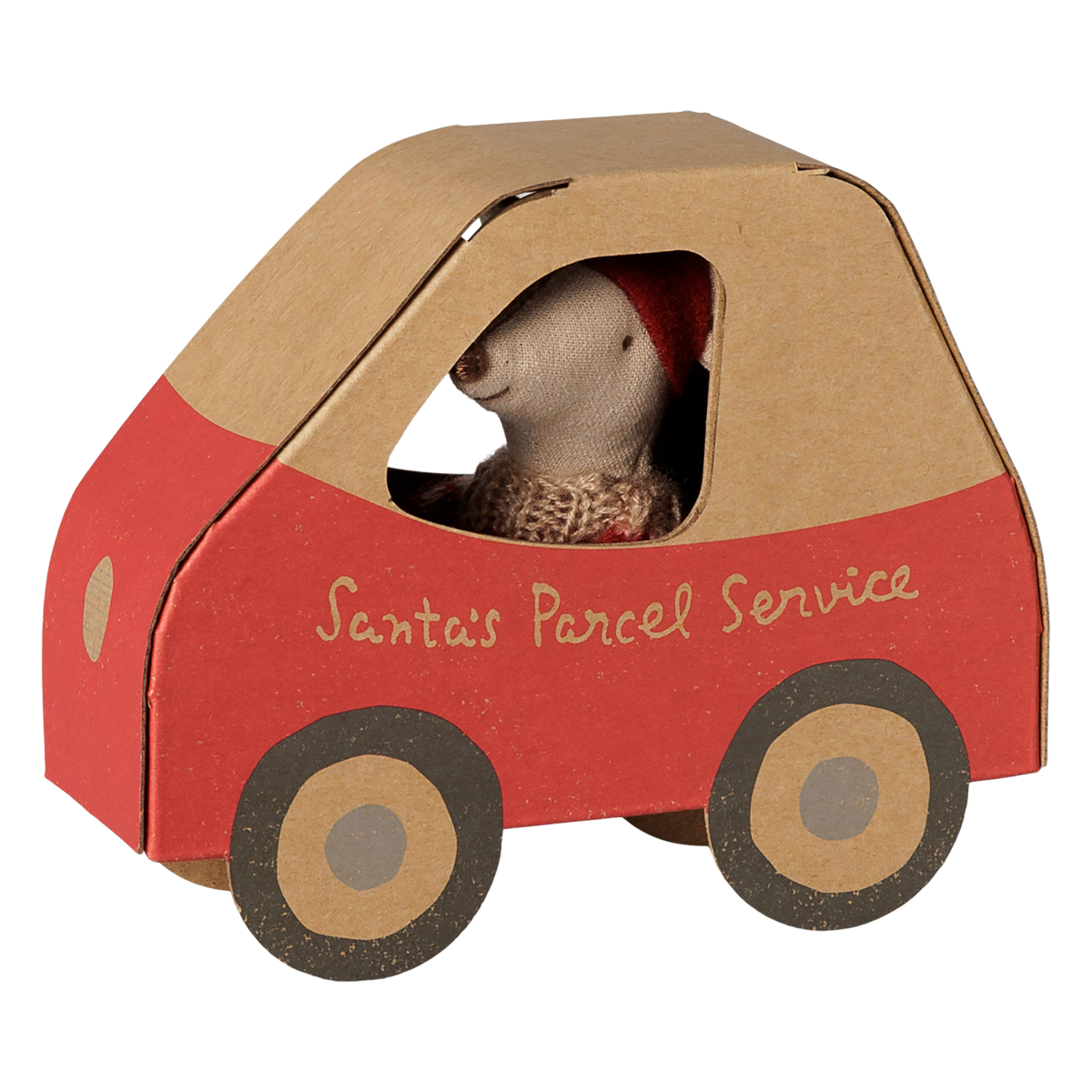 Maileg Christmas mouse little sister inside a red cardboard car box labeled Santa's Parcel Service.