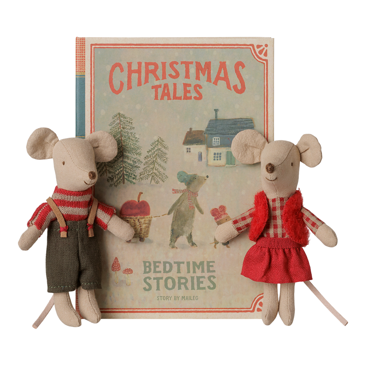Maileg Christmas twin mice little sister and brother with bedtime stories book.