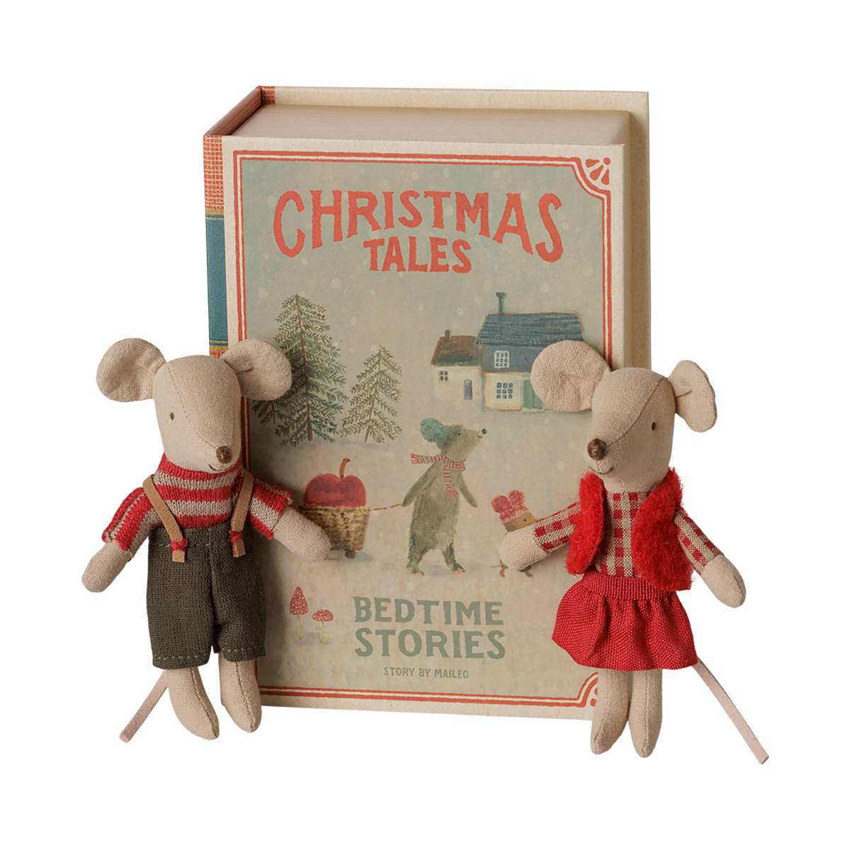 Maileg Christmas twin mice, little brother and sister, standing next to a bedtime stories book box.