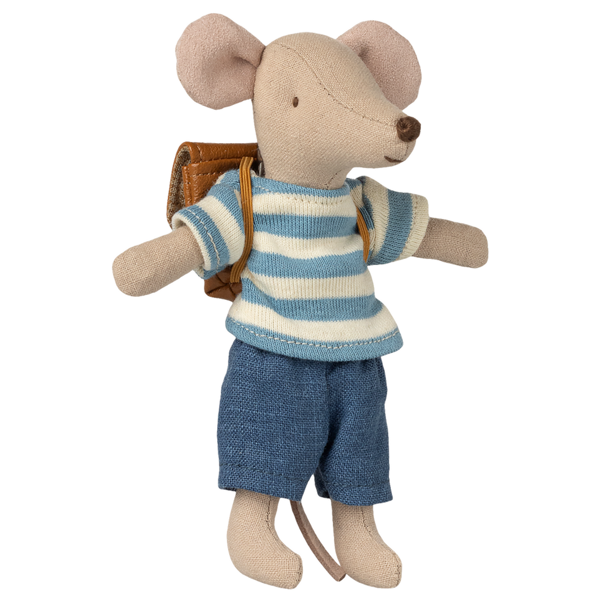 Toy mouse plush in striped shirt and blue shorts, wearing a brown backpack, on a white background. It conveys a playful and adventurous tone.