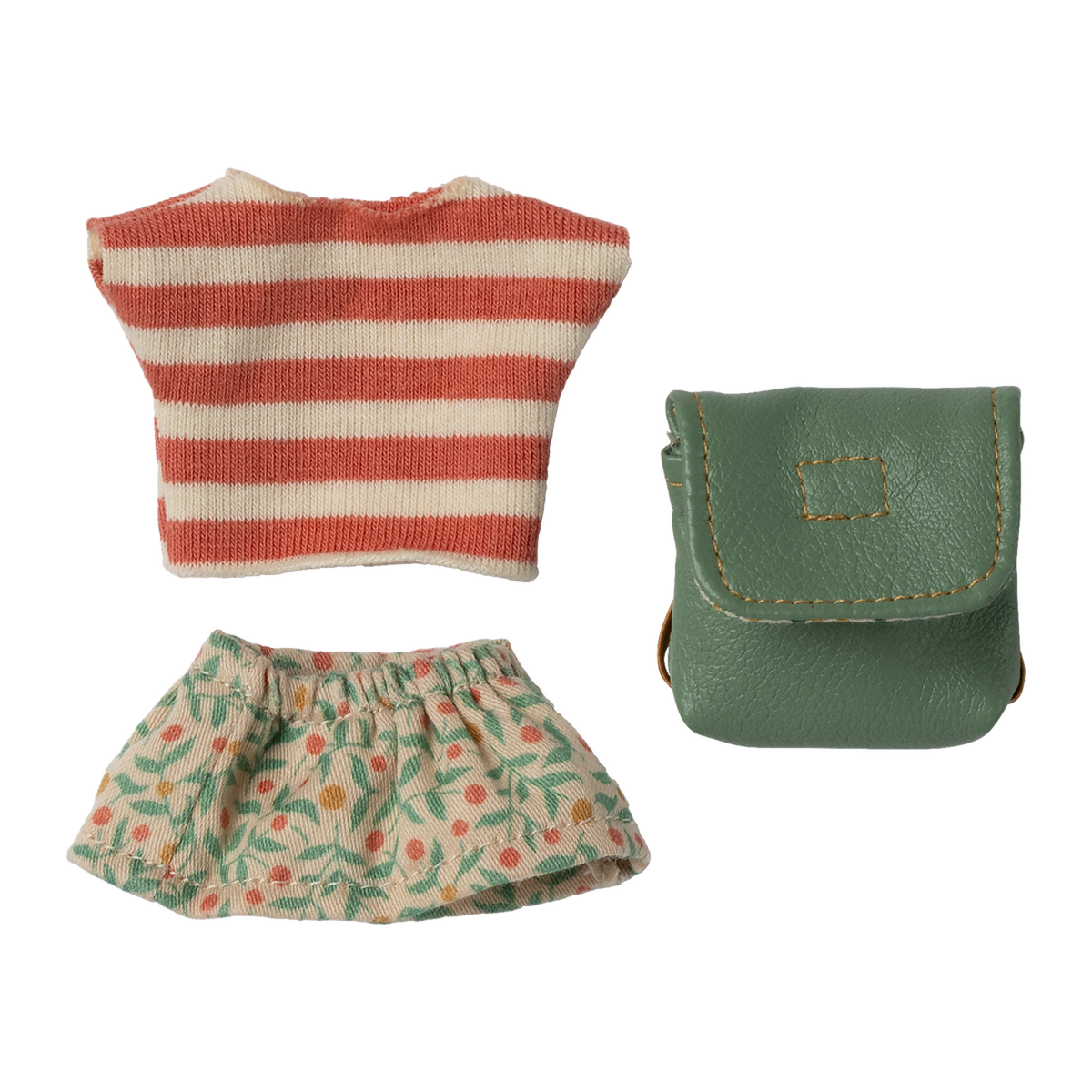 Striped red and white top, floral-patterned green skirt, and a teal leather pouch on a white background. The items appear playful and colorful.