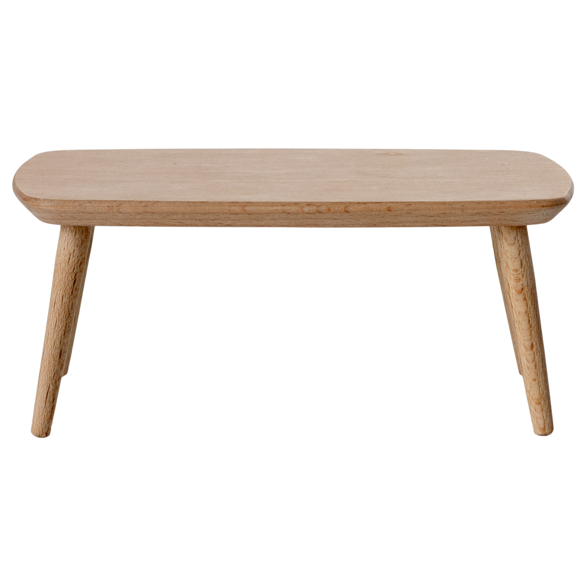 Miniature light wooden coffee table with a smooth, rounded top and tapered legs, adding a minimalist touch to any space.