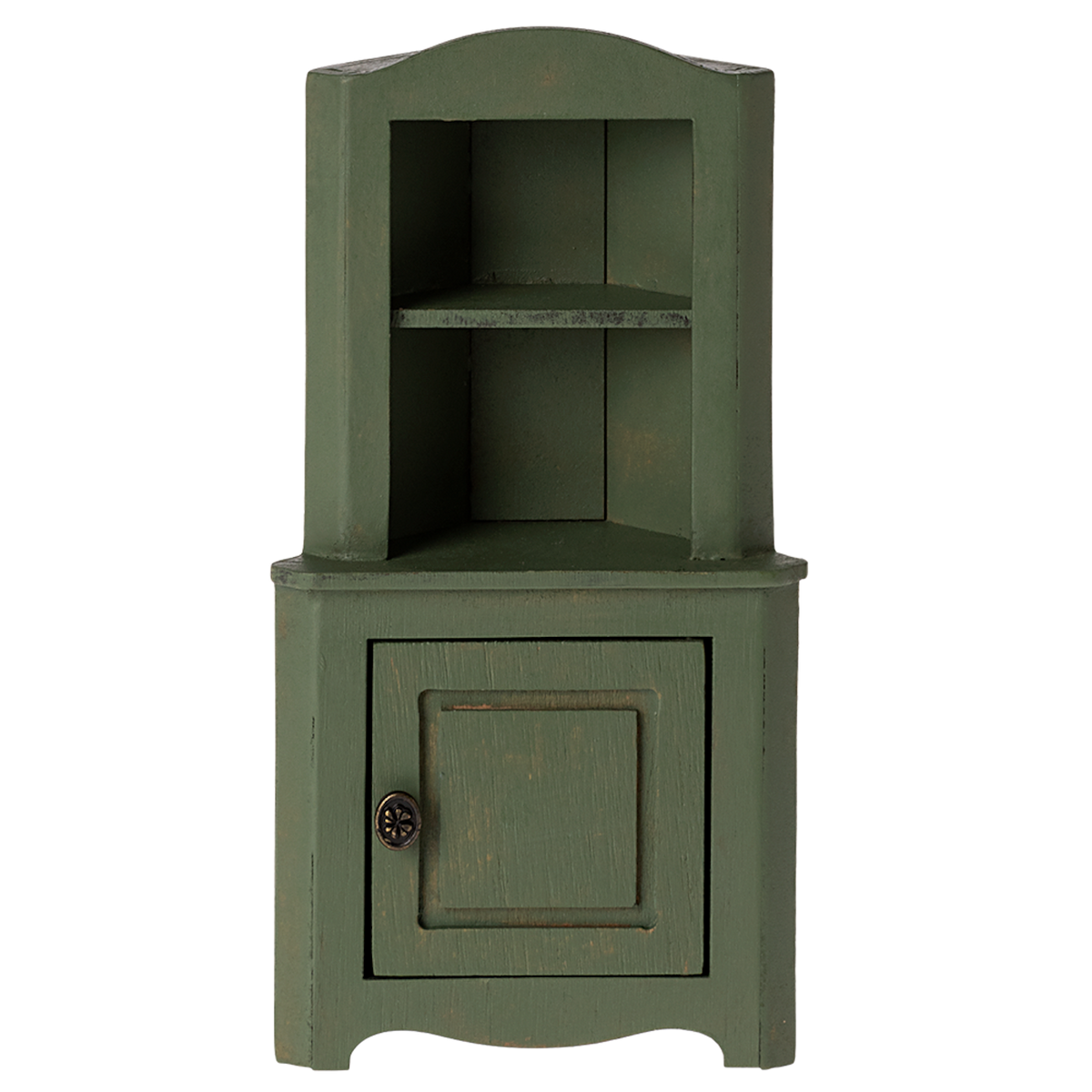 Green wooden corner miniature cabinet with an open top shelf and a bottom cupboard featuring a round metal knob. The rustic design evokes a vintage, cozy charm.