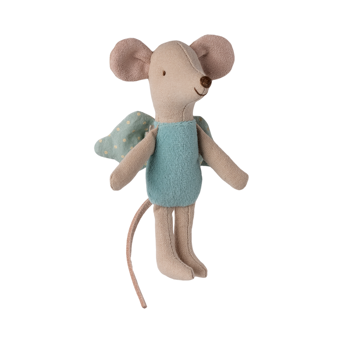 A soft, plush mouse toy wearing a blue dress and green wings with polka dots. The mouse has large pink ears and a smiling expression.