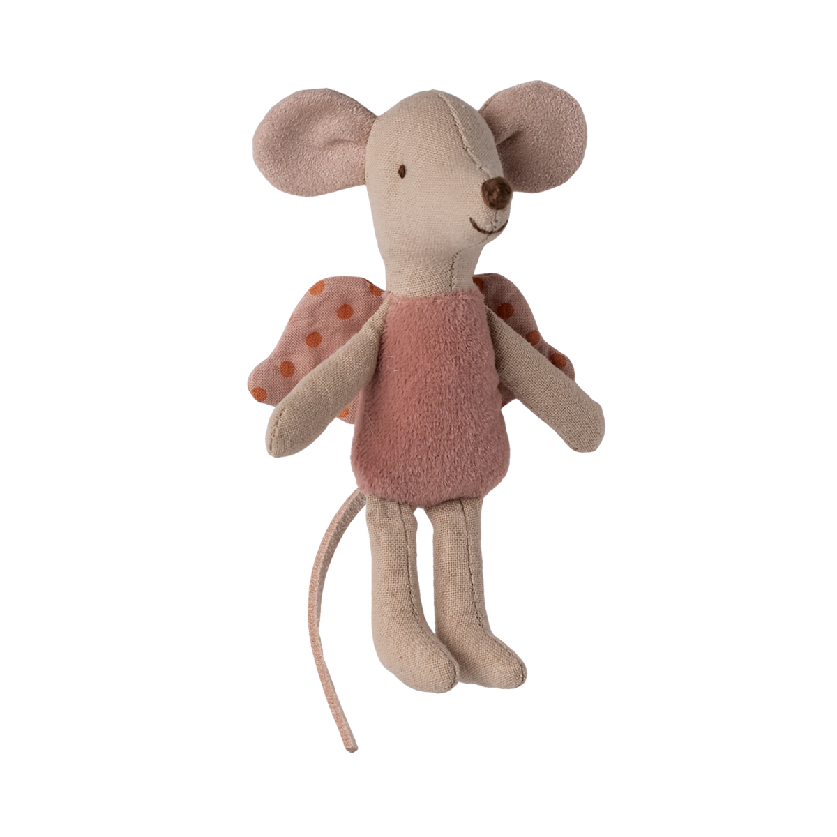 A cute plush toy mouse with large ears and a friendly smile, wearing a pink outfit and polka dot wings, giving an impression of whimsy and playfulness.
