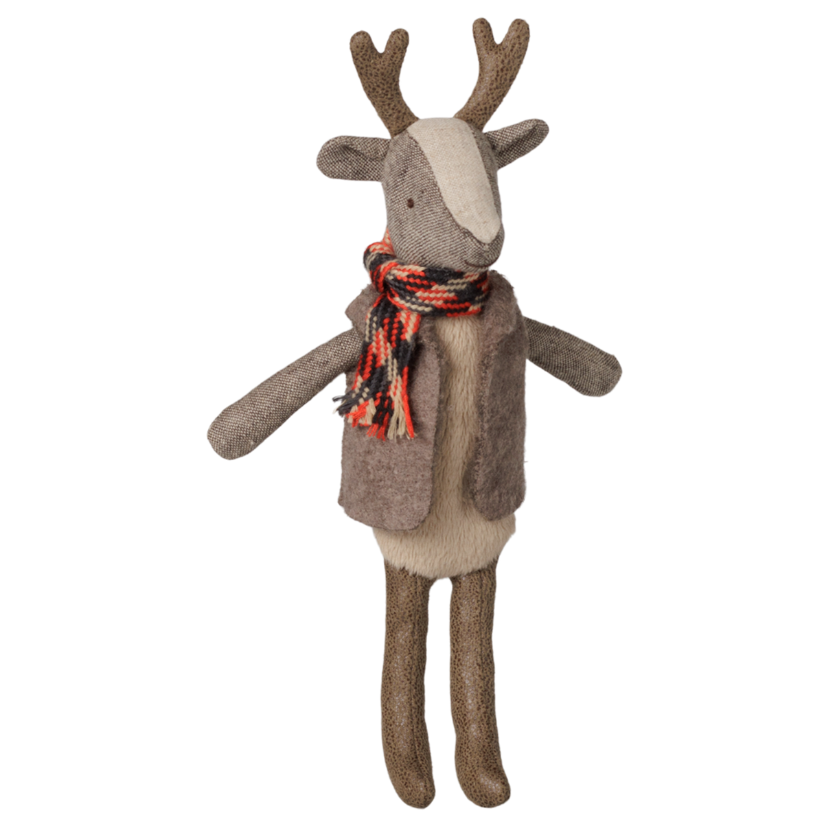 Maileg father reindeer plush toy wearing a brown vest and a plaid winter scarf.