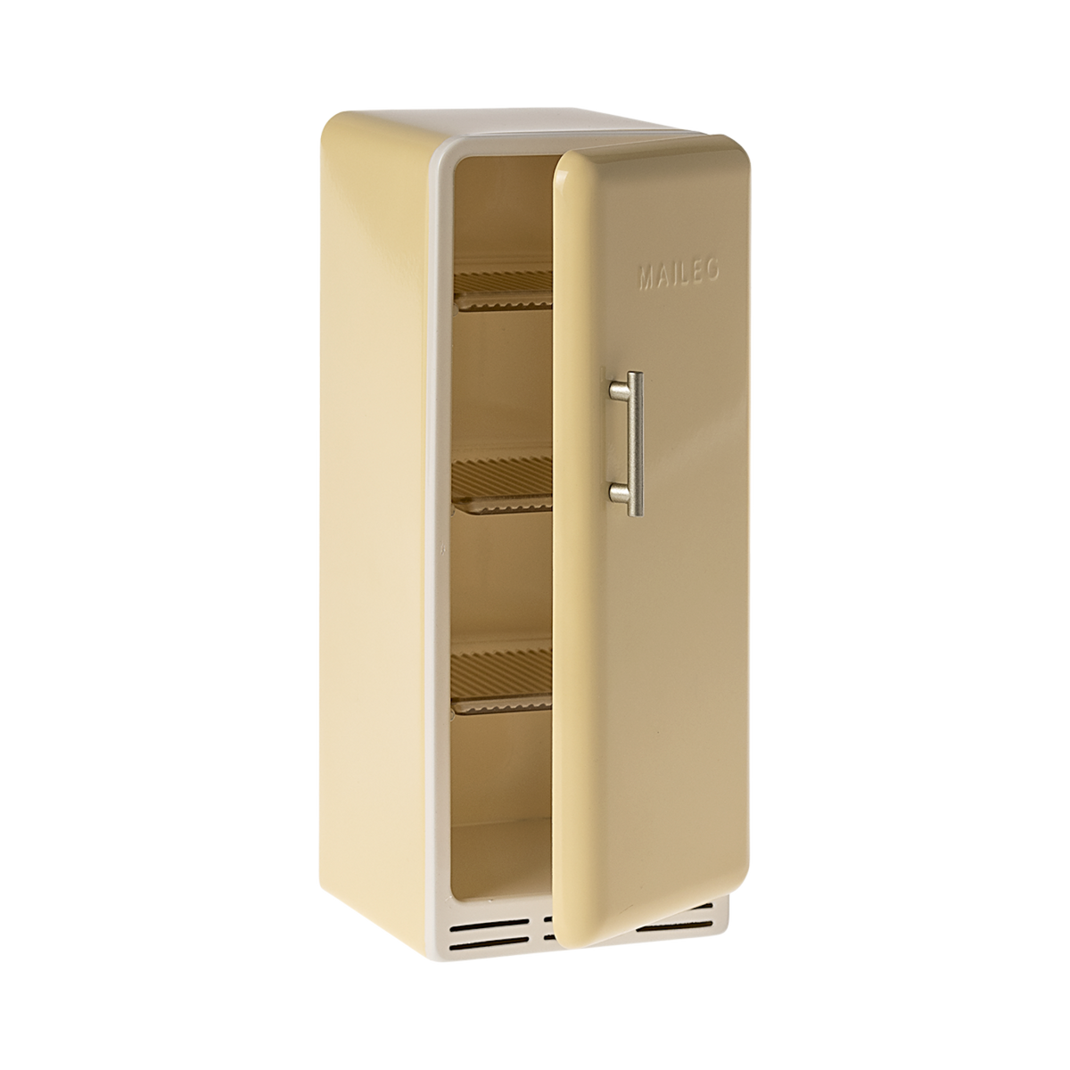 A toy refrigerator in a pale yellow color, is shown with its door slightly ajar. The fridge has a retro design with rounded edges, a silver-colored handle on the right side of the door, and the word "MAILEG" embossed vertically on the door. Inside, three shelves with ribbed textures are visible.