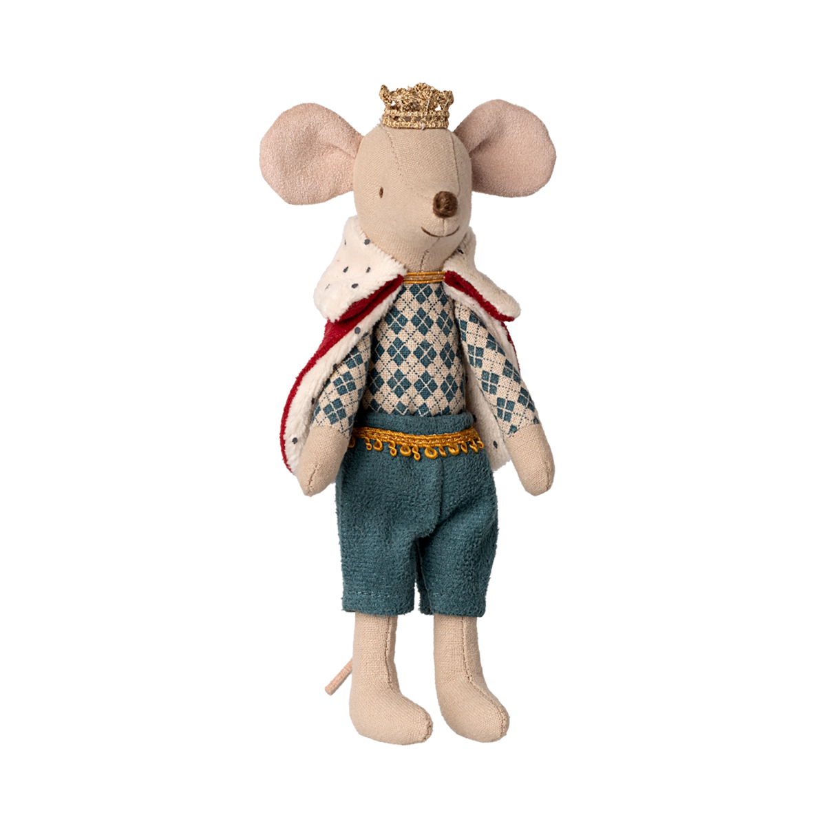 A plush toy mouse dressed as a royal figure with a gold crown, red and white cape, diamond-patterned shirt, and blue pants, exuding a whimsical, playful vibe.