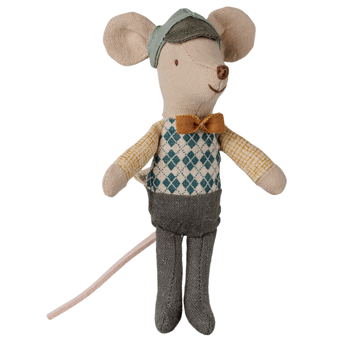 Maileg little brother driver mouse plush toy wearing a cap and bow tie.