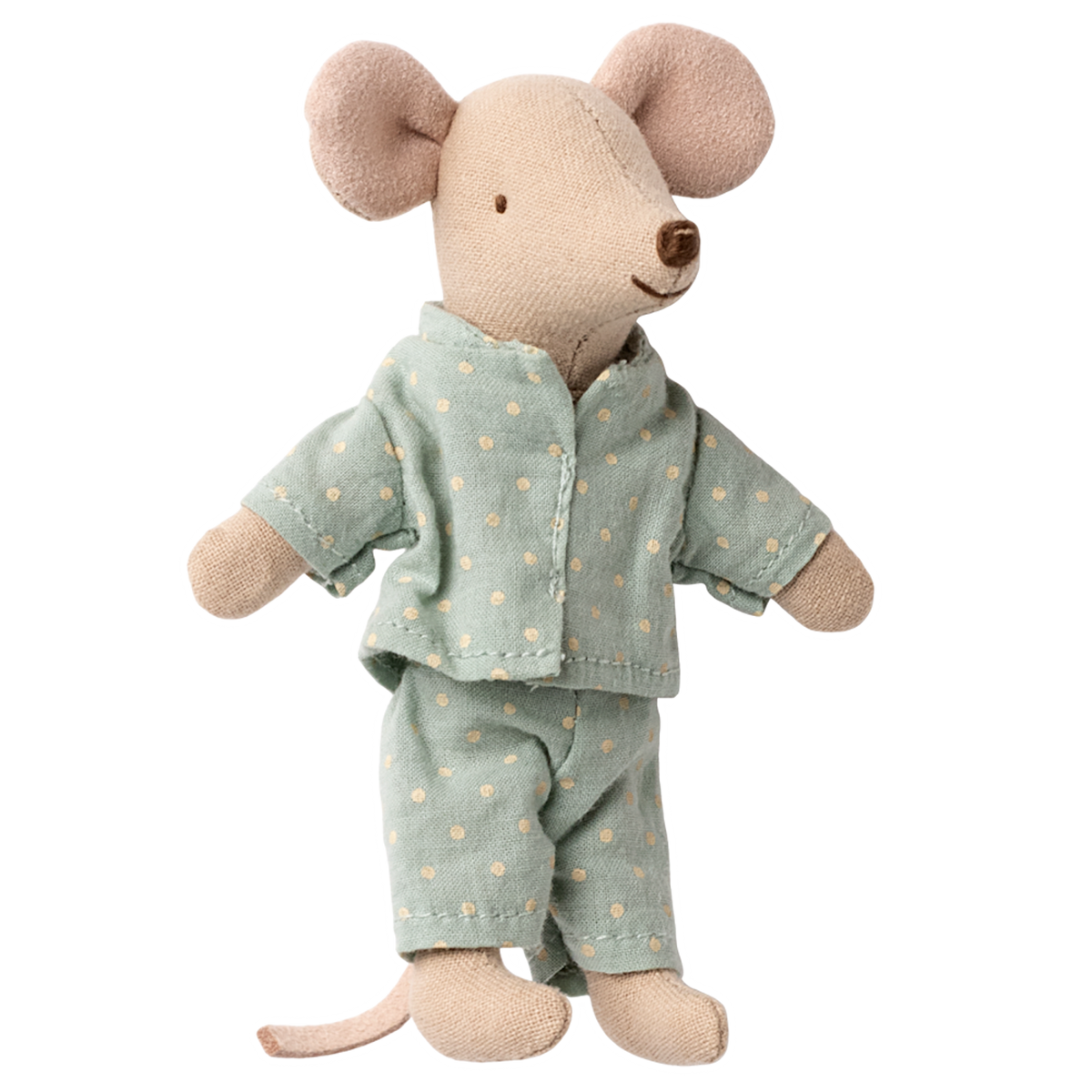 A cute, plush toy mouse stands against a white background, wearing light blue pajamas with white polka dots. The mouse's expression is gentle and charming.