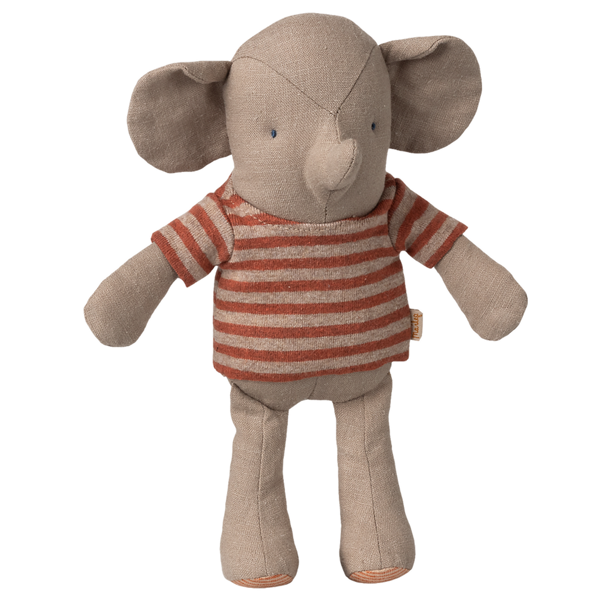 A stuffed elephant toy with a sewn texture and soft gray color, wearing a red and white striped shirt, is set against a white background.