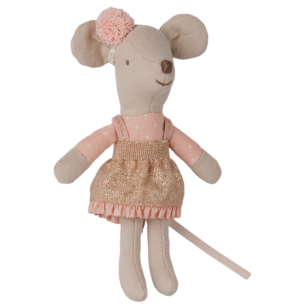 Maileg little sister mouse doll wearing a pink polka dot top and a gold glittery skirt.