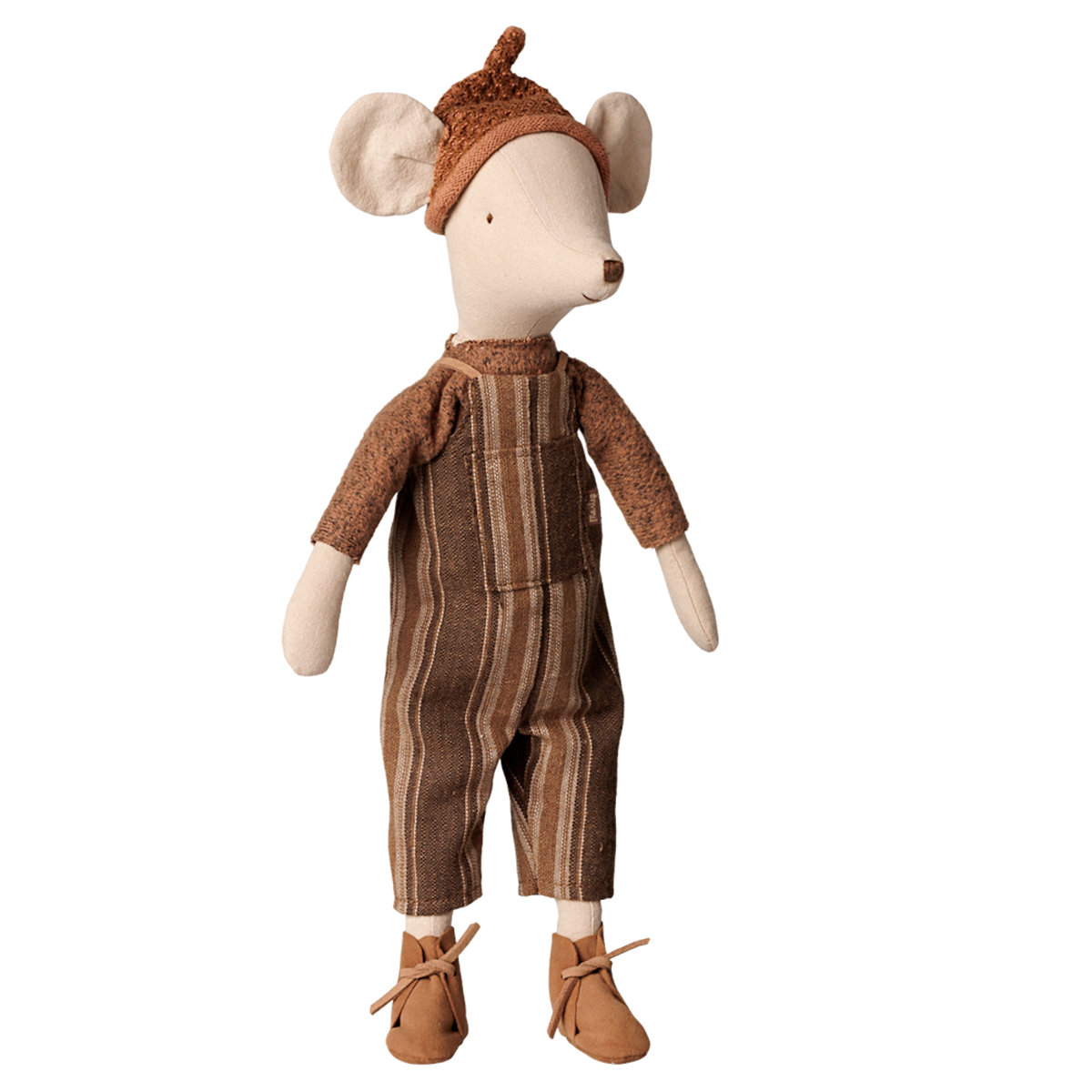 Maileg medium mouse doll wearing brown striped overalls, a cozy sweater, matching hat, and boots.