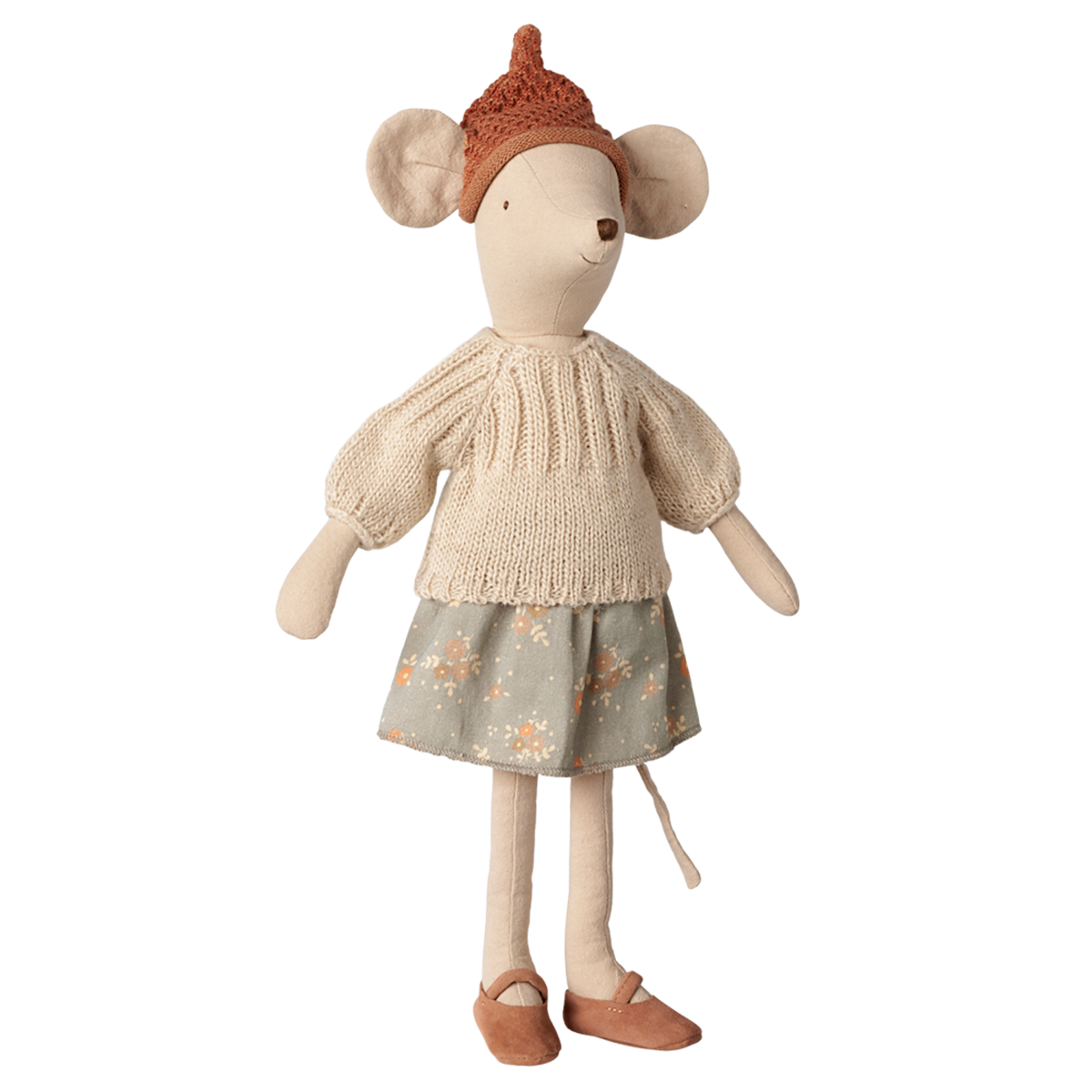 Maileg Medium Mouse doll wearing a beige knitted sweater, floral skirt, knit hat, and shoes.