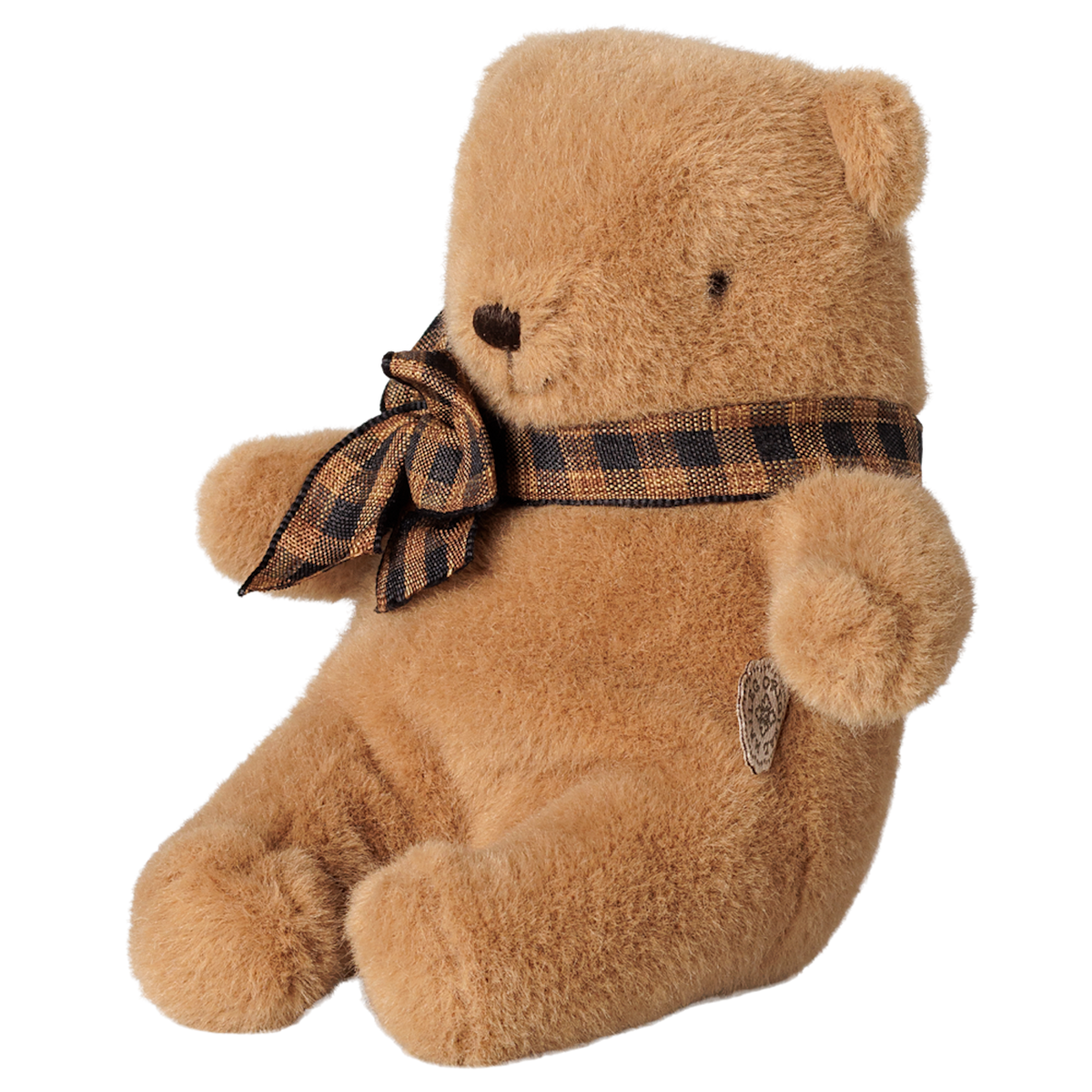 Maileg mini teddy bear plush in mushroom brown with a plaid bow tie, sitting profile view.