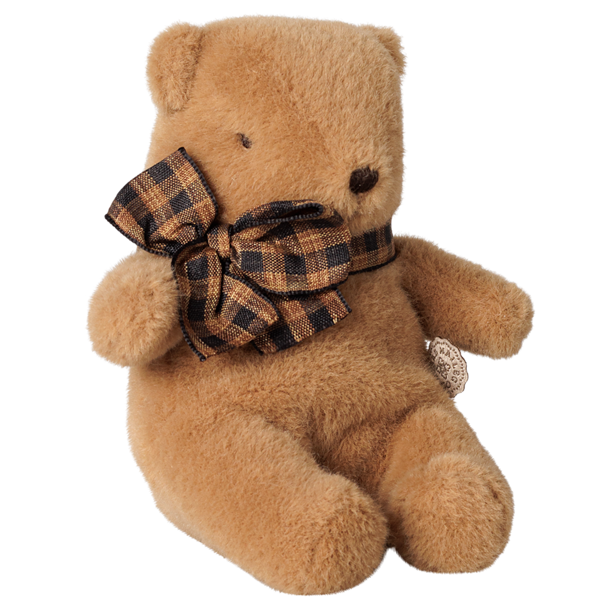 Maileg mini teddy bear plush toy in mushroom brown with a dark plaid ribbon bow.