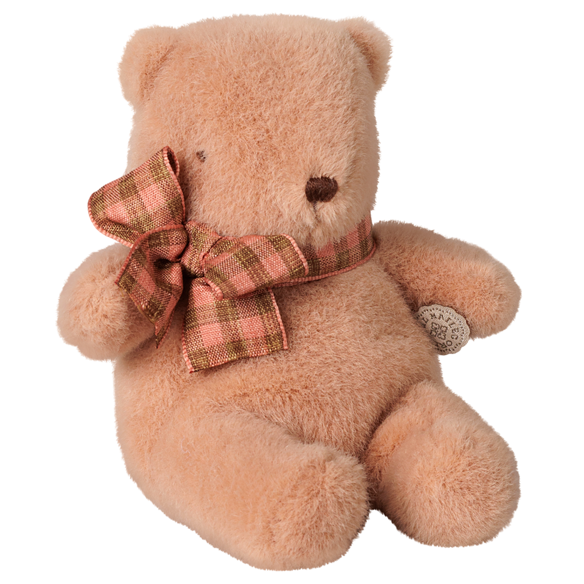Maileg vintage rose mini teddy bear plush toy with a plaid ribbon bow.
