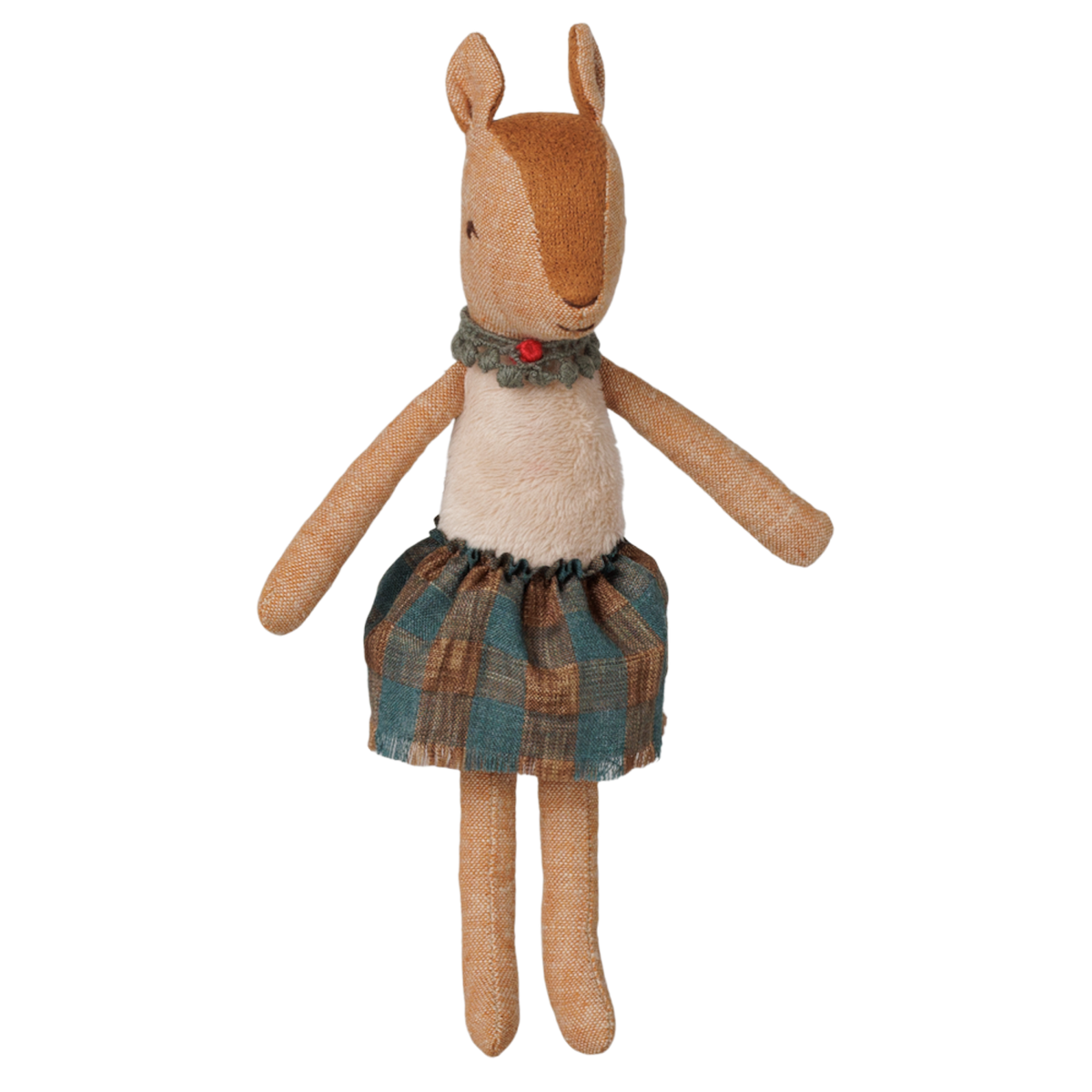 Maileg mother reindeer plush toy wearing a plaid skirt and a green ruffled collar.