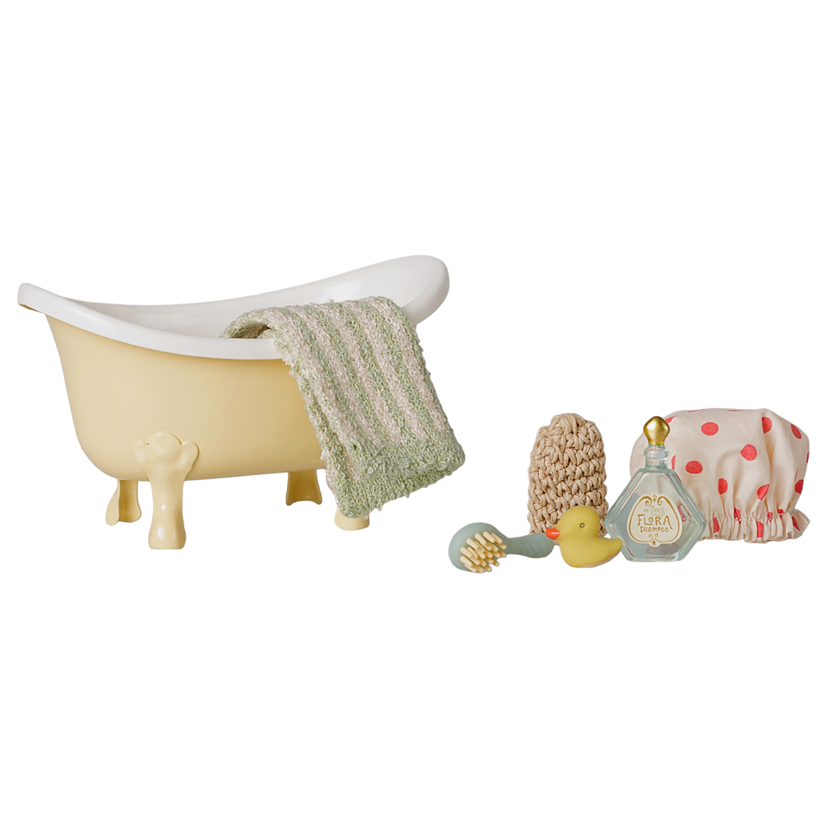 Maileg dollhouse miniature yellow bathtub set with a towel, shower cap, brush, and toy duck.