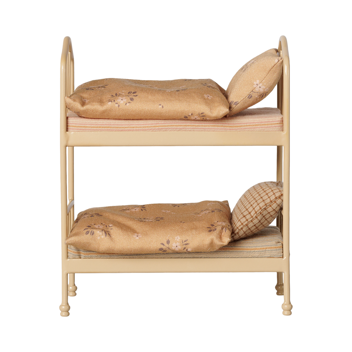 Maileg miniature dollhouse bunk bed in wheat with floral and plaid bedding.