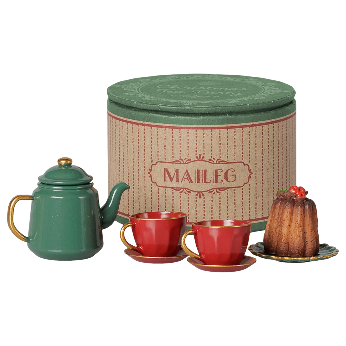 Maileg miniature mouse Christmas tea party toy set with green teapot, red teacups, and cake.
