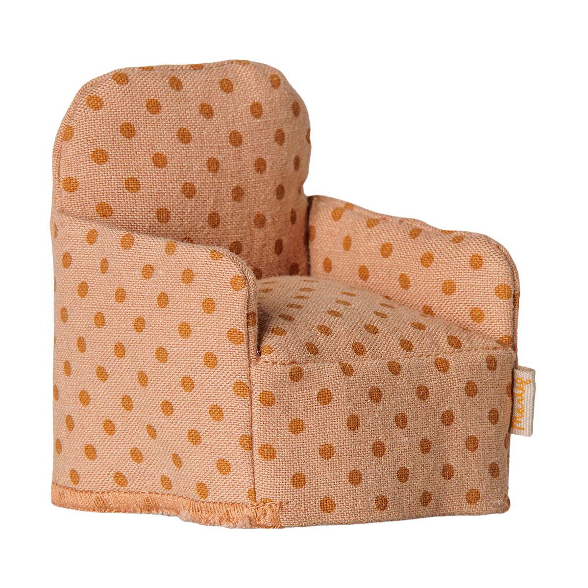 Maileg dollhouse miniature armchair in a tan polka dot fabric.