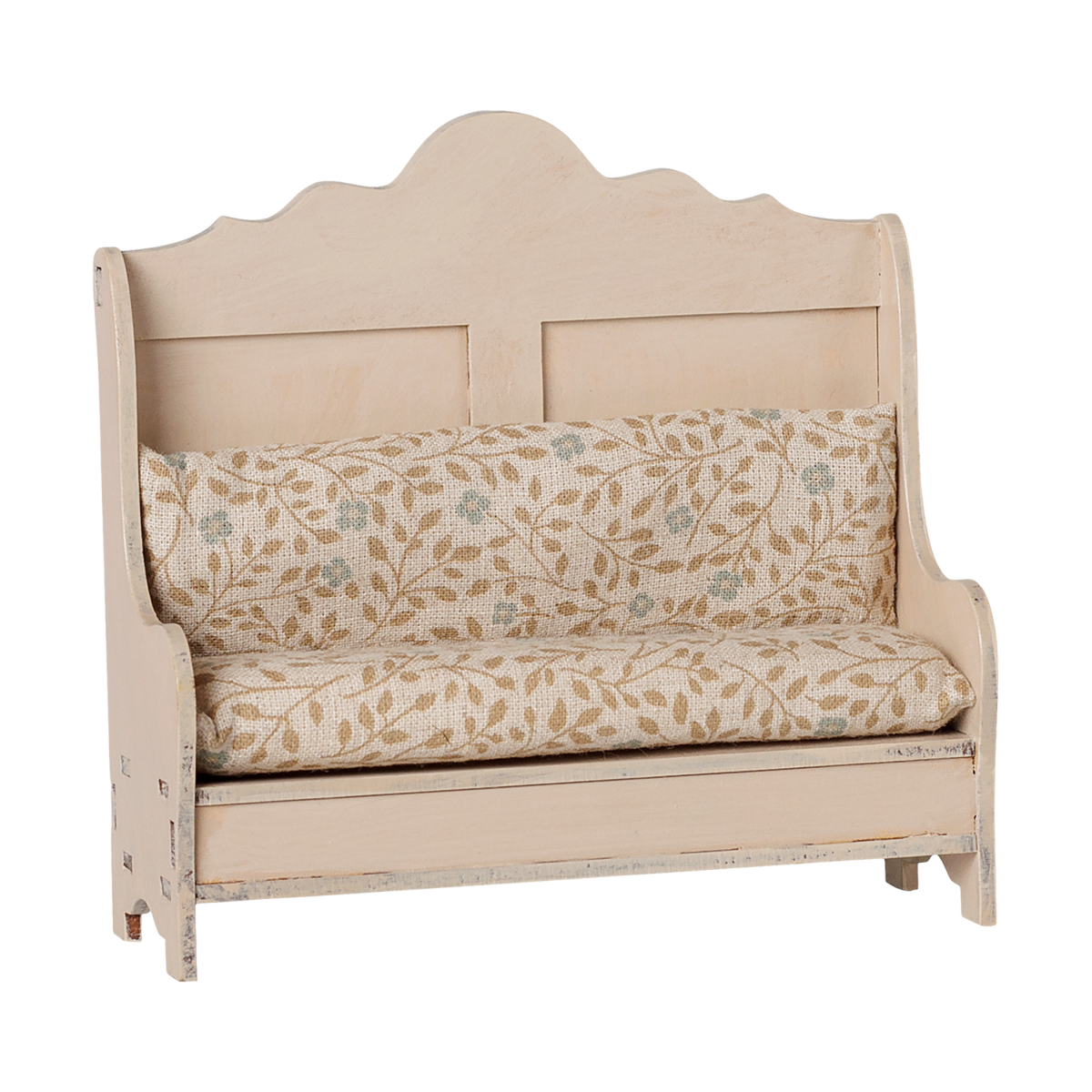 Maileg miniature kitchen bench in light sand with floral pattern cushions.