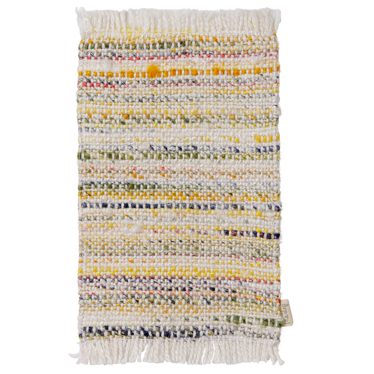 Maileg mouse dollhouse accessory featuring a small woven multi-stripe rug with colorful fringe details.