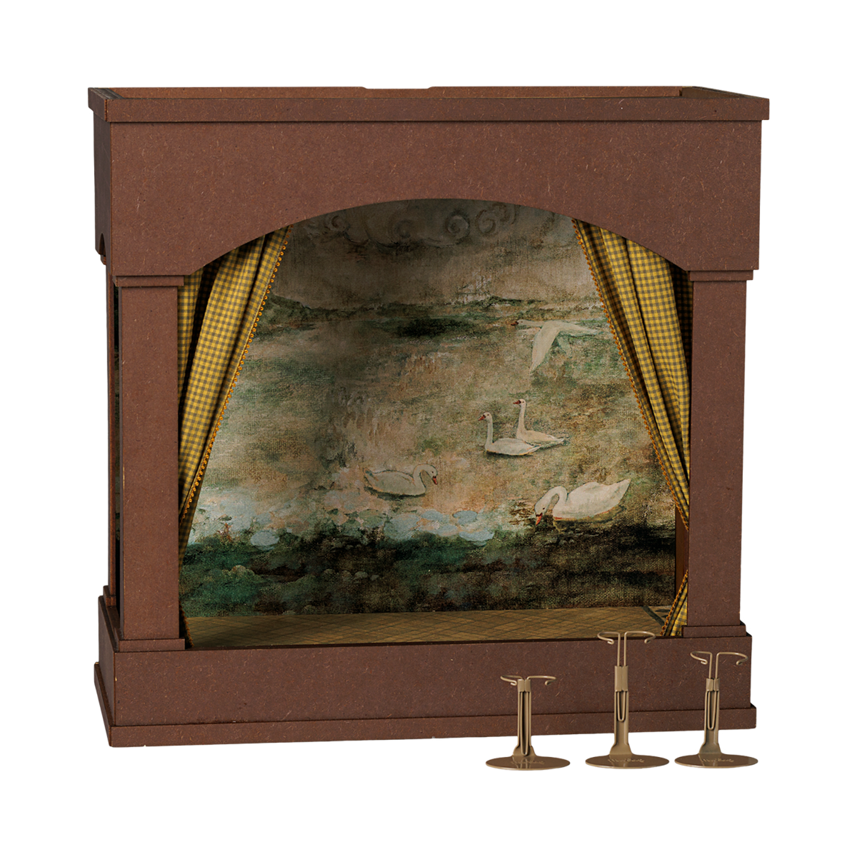 Maileg miniature mouse theater with swan backdrop, yellow checkered curtains, and doll stands.