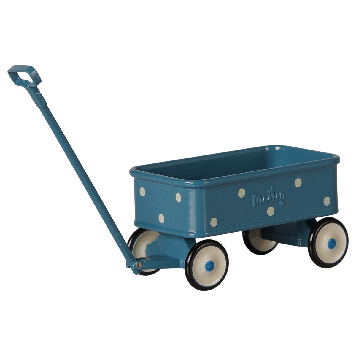 Maileg miniature blue toy wagon with white polka dots and a long pull handle for mouse dolls.