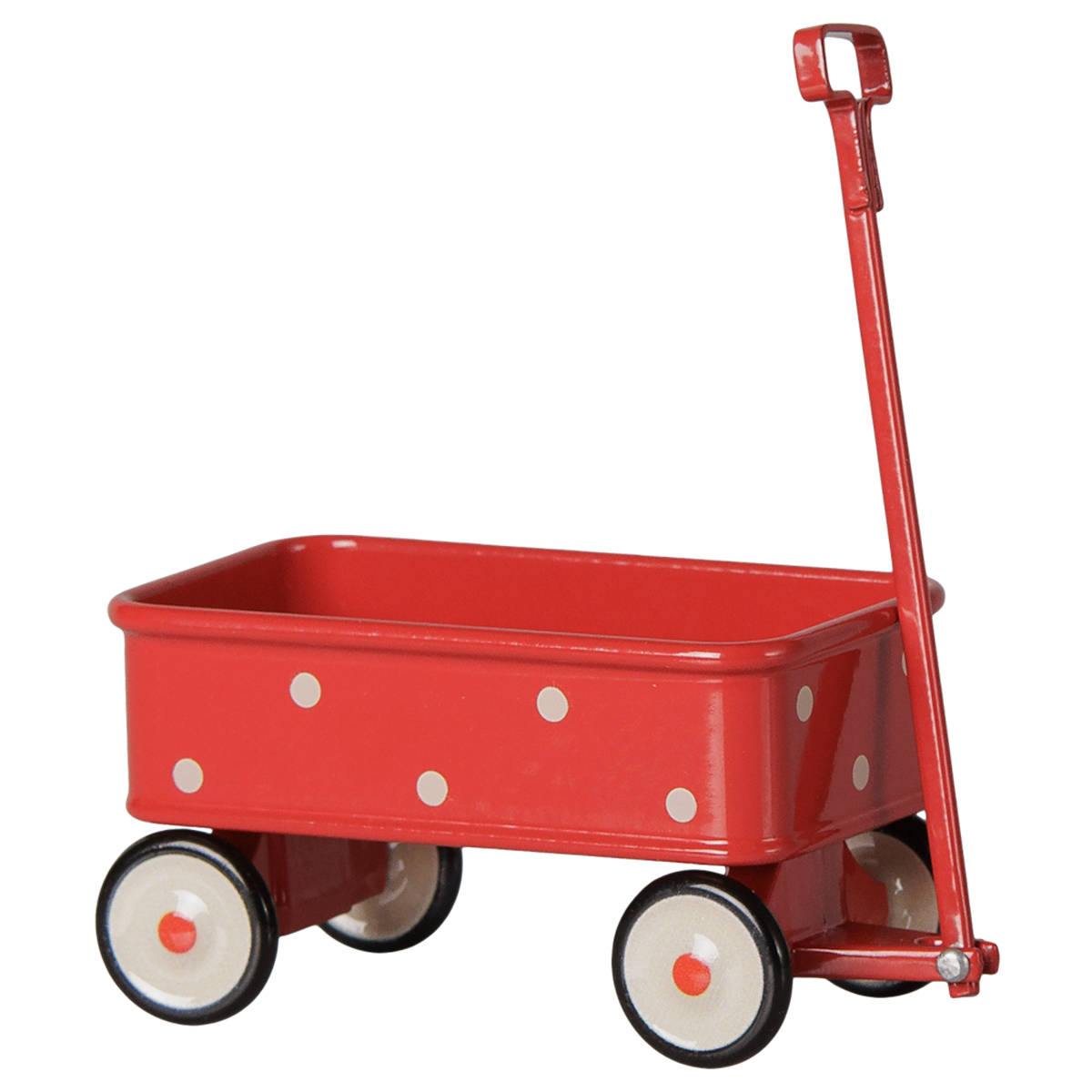 Maileg miniature red wagon with white polka dots for mouse dolls.